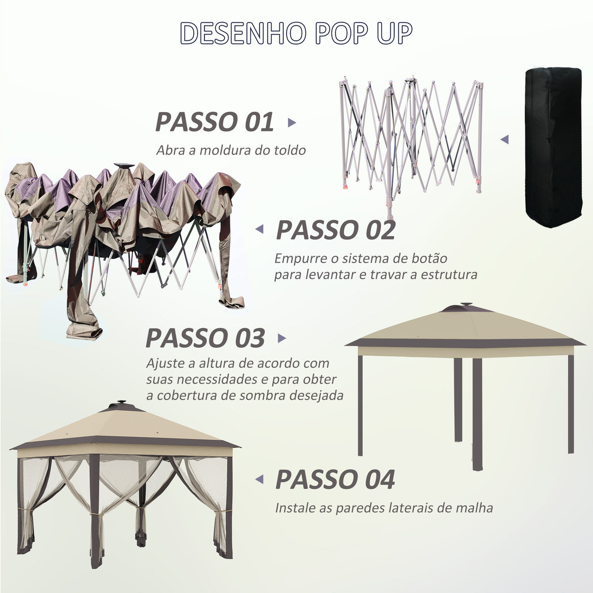 Tenda Dobrável Exterior 3,3x3,3x2,9 m com Luzes LED e Controle Remoto Tenda de Jardim com 4 Mosquiteiras Removíveis e Bolsa de Transporte para Acampamento Festas Bege — foto 5