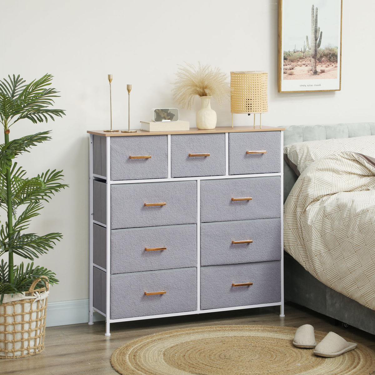 Cómoda com 9 Gavetas Estofada em Borreguito Cómoda de Tela com Estrutura de Aço Cómoda para Dormitório Corredor 100x30x99 cm Cinzento — foto 2