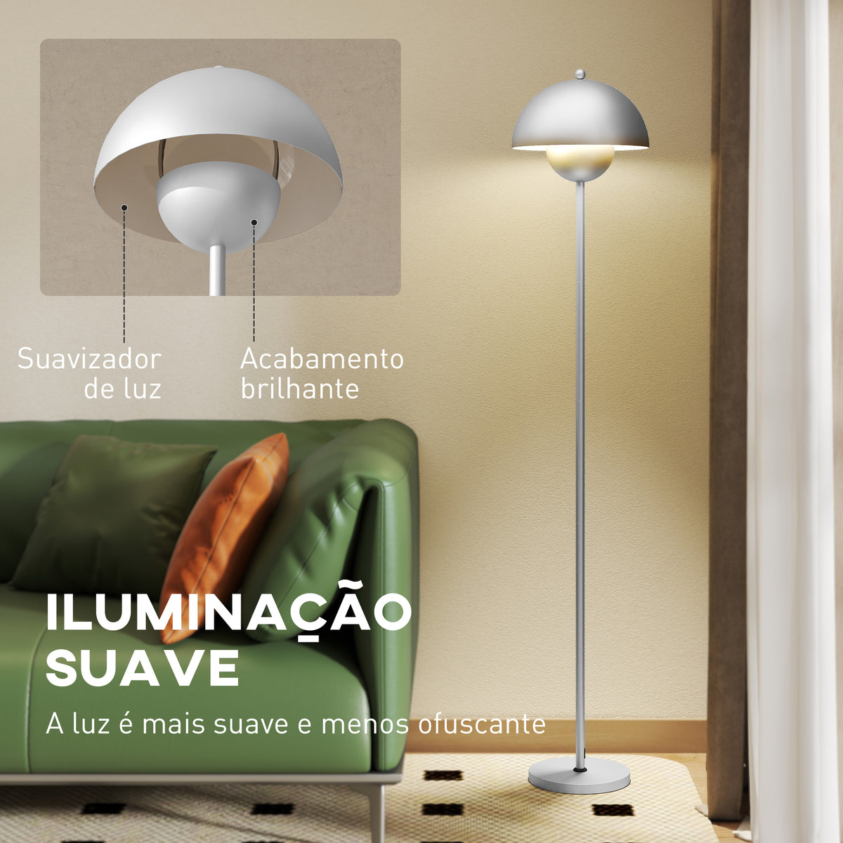Candeeiro de Pé Moderno 155 cm Candeeiro de Pé para Sala com Ecrã em Forma de Taça Refletora de Luz Interruptor de Pé Suporte E27 sem Lâmpada para Quarto Escritório Sala de Estar Ø35x155 cm Prata — foto 5