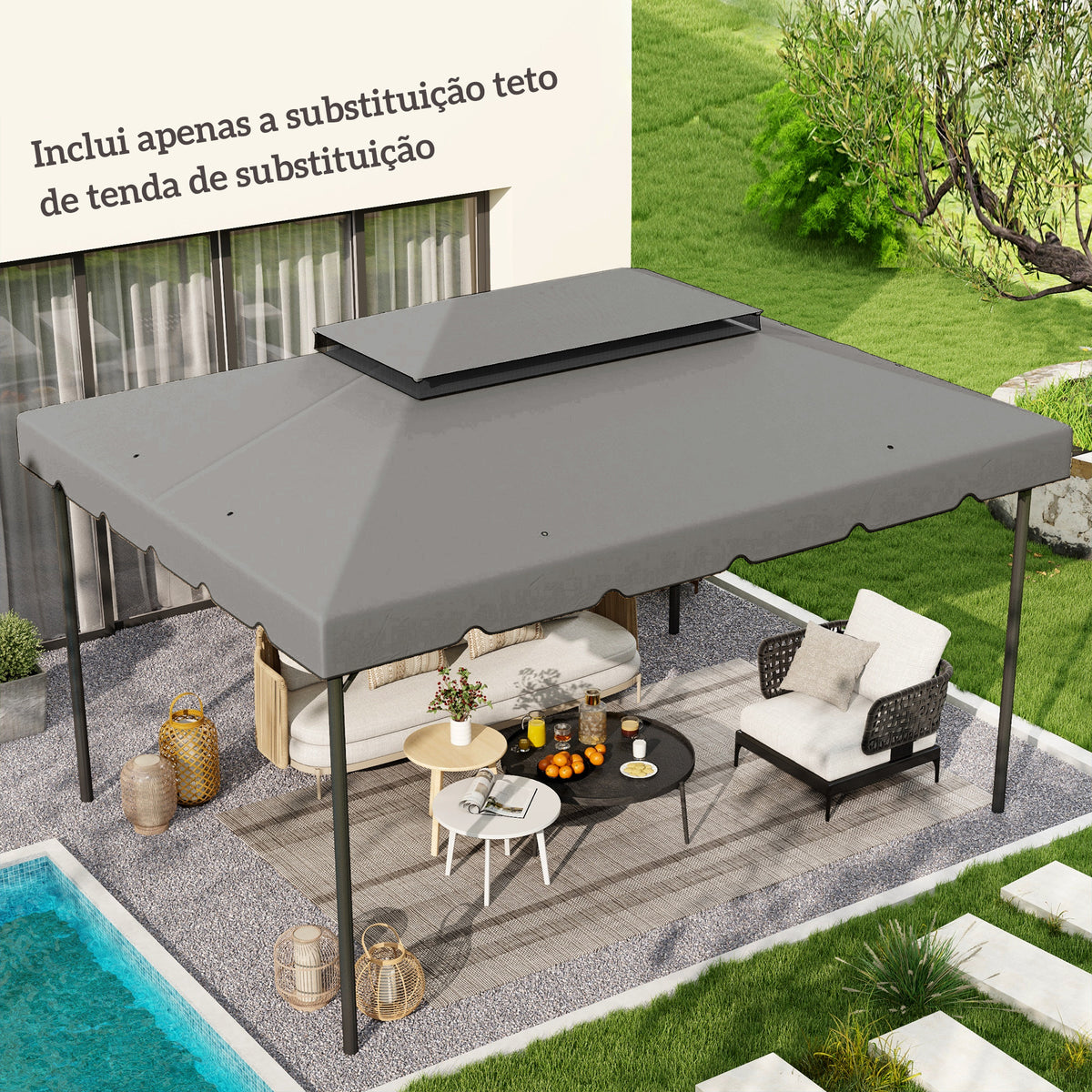 Toldo de Substituição para Pérgola 400x300 cm Teto de Substituição para Pérgolas Exterior com Duplo Teto e 8 Orifícios de Drenagem Cinza Claro — foto 2