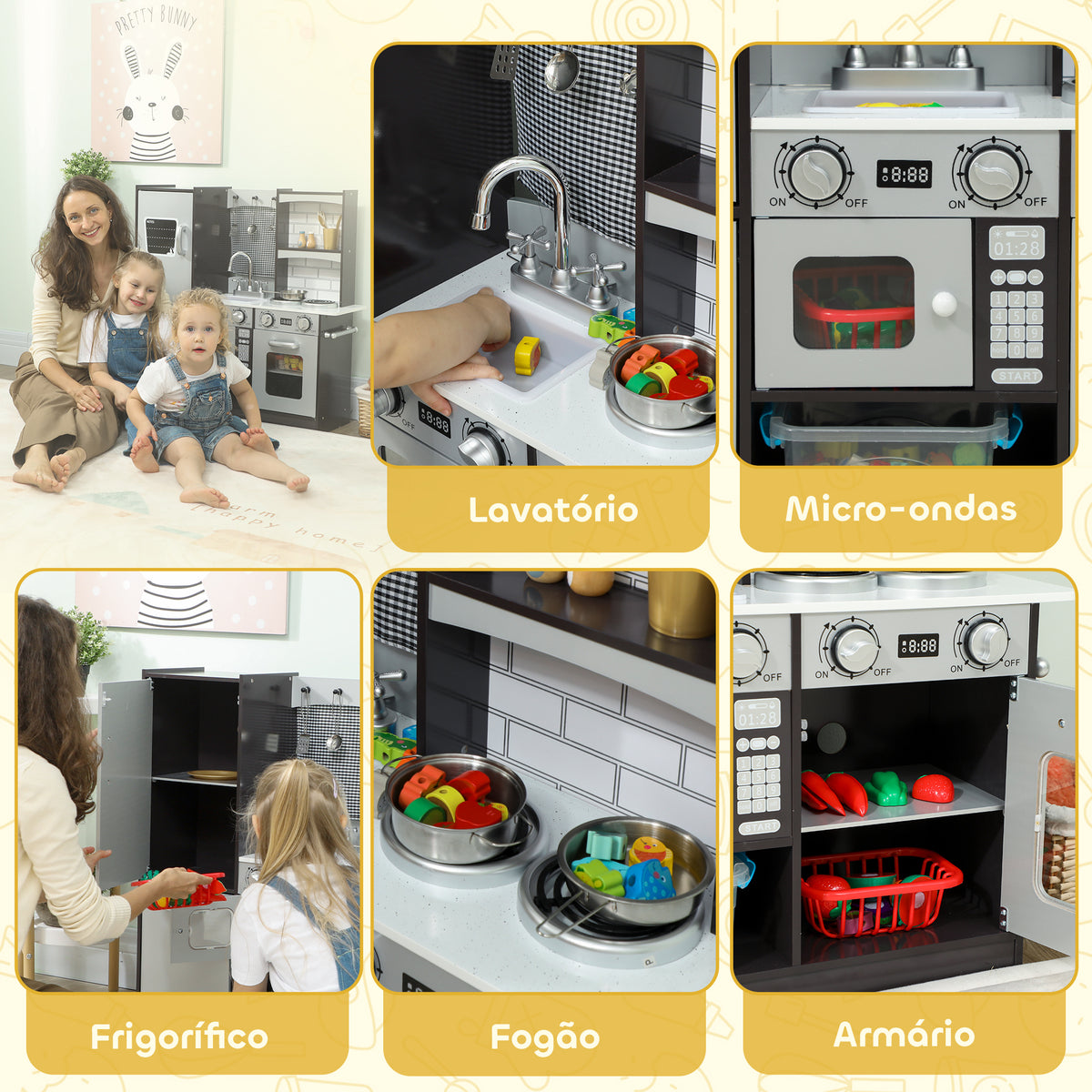 Cozinha de Madeira com Som Cozinha de Brincar Infantil com Acessórios em Aço Inoxidável Frigorífico Micro-Ondas, Lava-Loiça Brinquedos para Crianças a partir dos 3 Anos 81x27x79,7 cm Castanho Escuro — foto 5