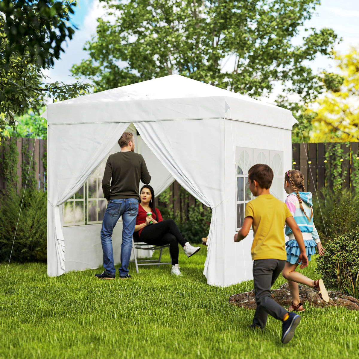 Tenda Dobrável Pop-Up Tenda 248x248x270 cm com 4 Paredes Laterais Anti-UV Altura Ajustável e Bolsa de Transporte para Campismo Festas Branco — foto 2