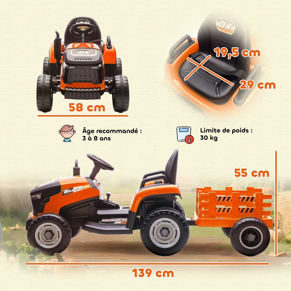 Trator elétrico infantil com reboque removível, carro elétrico infantil, telecomando 2,4G, 139x58x55cm, laranja — foto 2