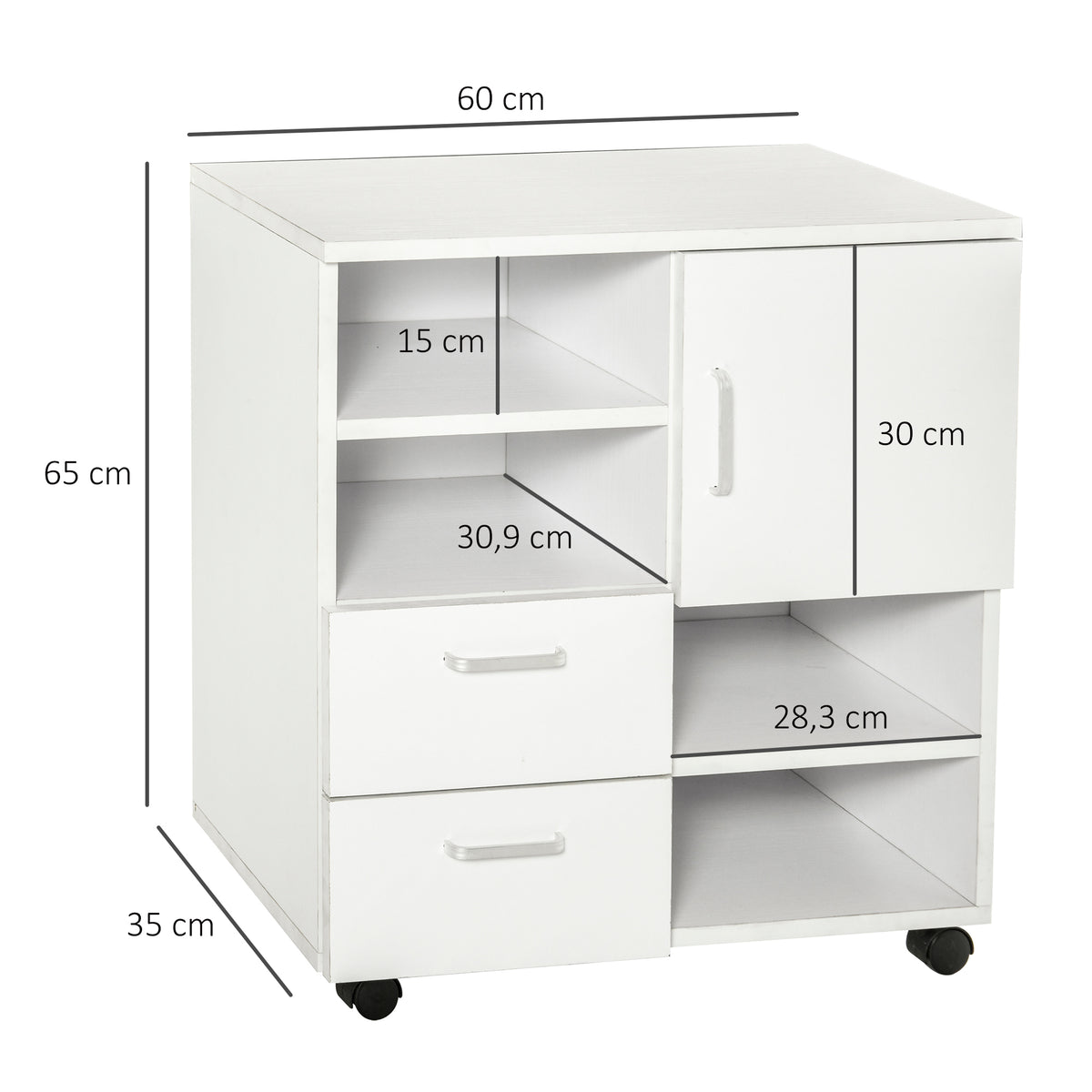 Mobiliário Auxiliar de Escritório com Gavetas e Rodas Multiuso 60x65x35 cm Branco — foto 3