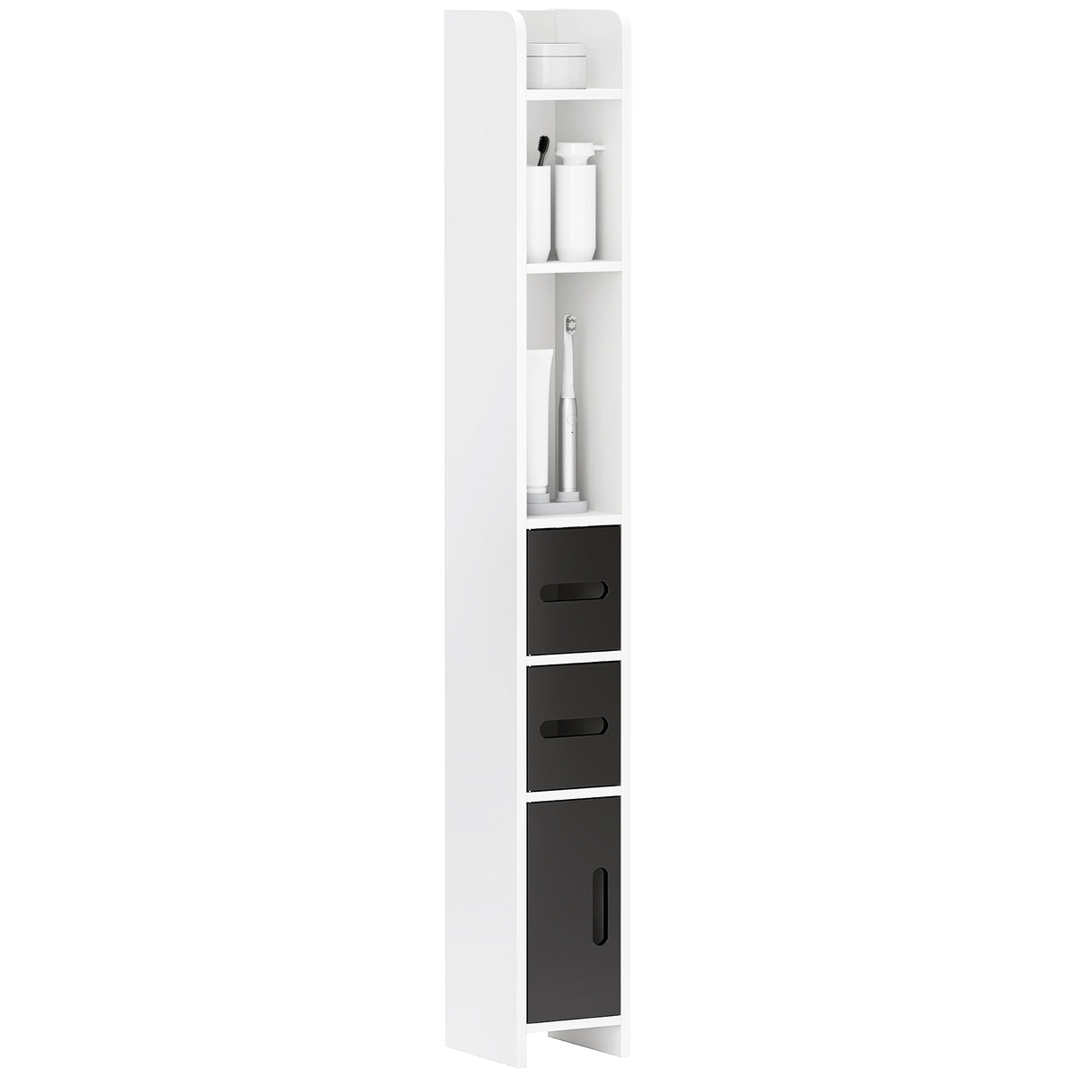 Coluna Casa de Banho com 3 Portas e 3 Prateleiras Abertas Coluna Auxiliar para Sala de Estar Casa de Banho Dormitório Estilo Moderno 15x17x120 cm Branco e Preto — foto 1