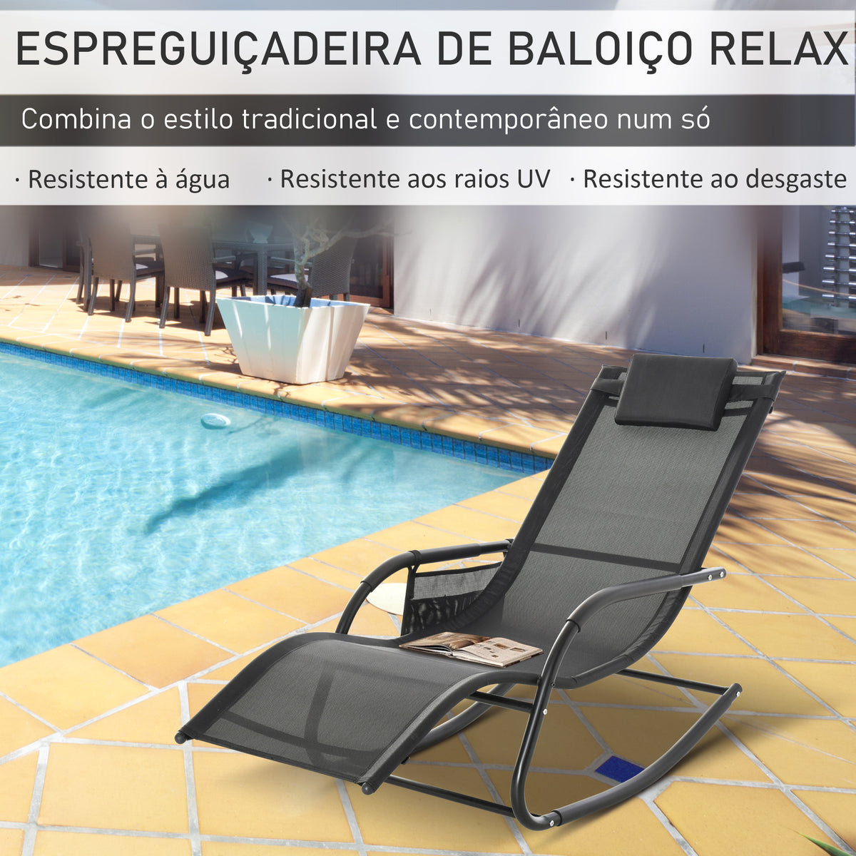 Espreguiçadeira Baloiço de Exterior com Braços Apoio de Cabeça Acolchoado e Bolso Lateral Carga 120 kg para Jardim Terraço Pátio 150x62x88 cm Preto — foto 4