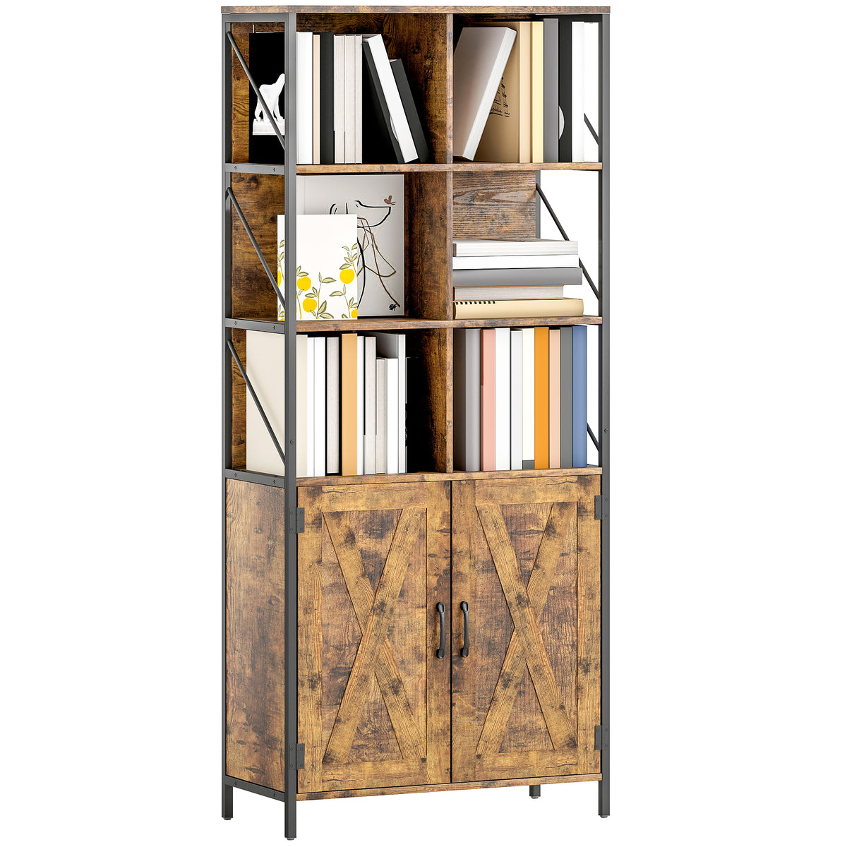 Estante de 6 Níveis Estante de Livros com 6 Compartimentos Abertos 2 Portas e Prateleira Ajustável Estilo Industrial para Sala Escritório Quarto 75x34x172 cm Castanho Rústico — foto 1