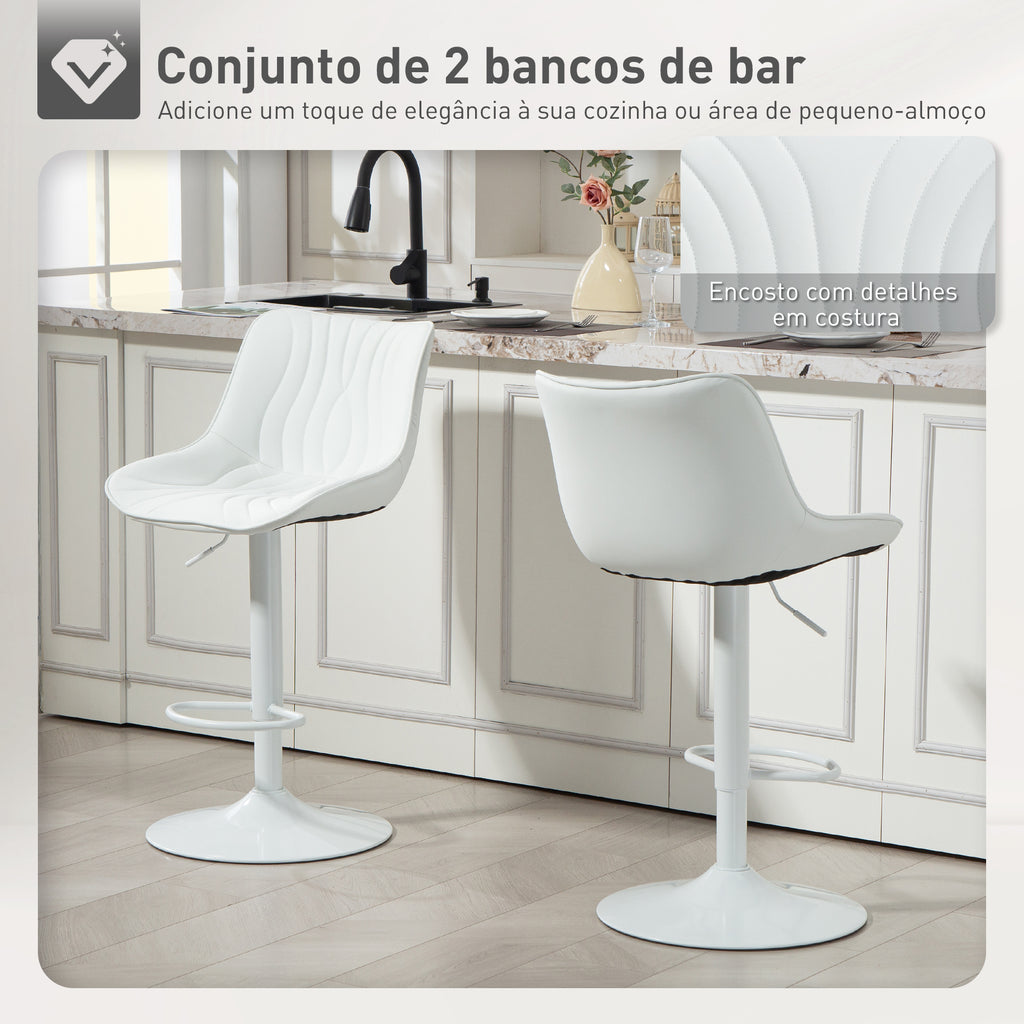 Conjunto de 2 Bancos de Bar Bancos Altos de Cozinha Giratórios com Altura Ajustável 92-110 cm Encosto Assento em Couro Sintético Estrutura de Aço e Apoio para Pés Branco — foto 4