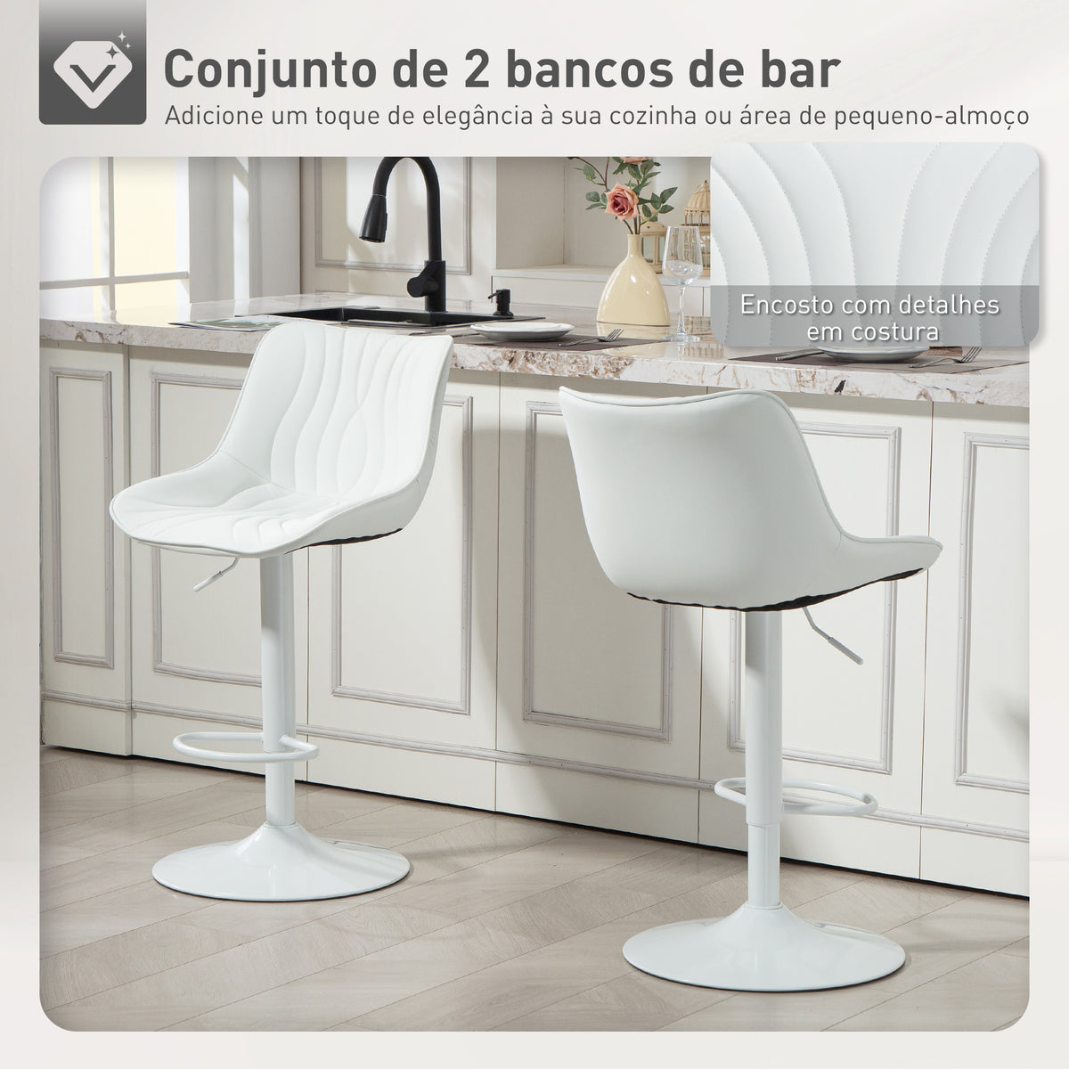Conjunto de 2 Bancos de Bar Bancos Altos de Cozinha Giratórios com Altura Ajustável 92-110 cm Encosto Assento em Couro Sintético Estrutura de Aço e Apoio para Pés Branco — foto 4