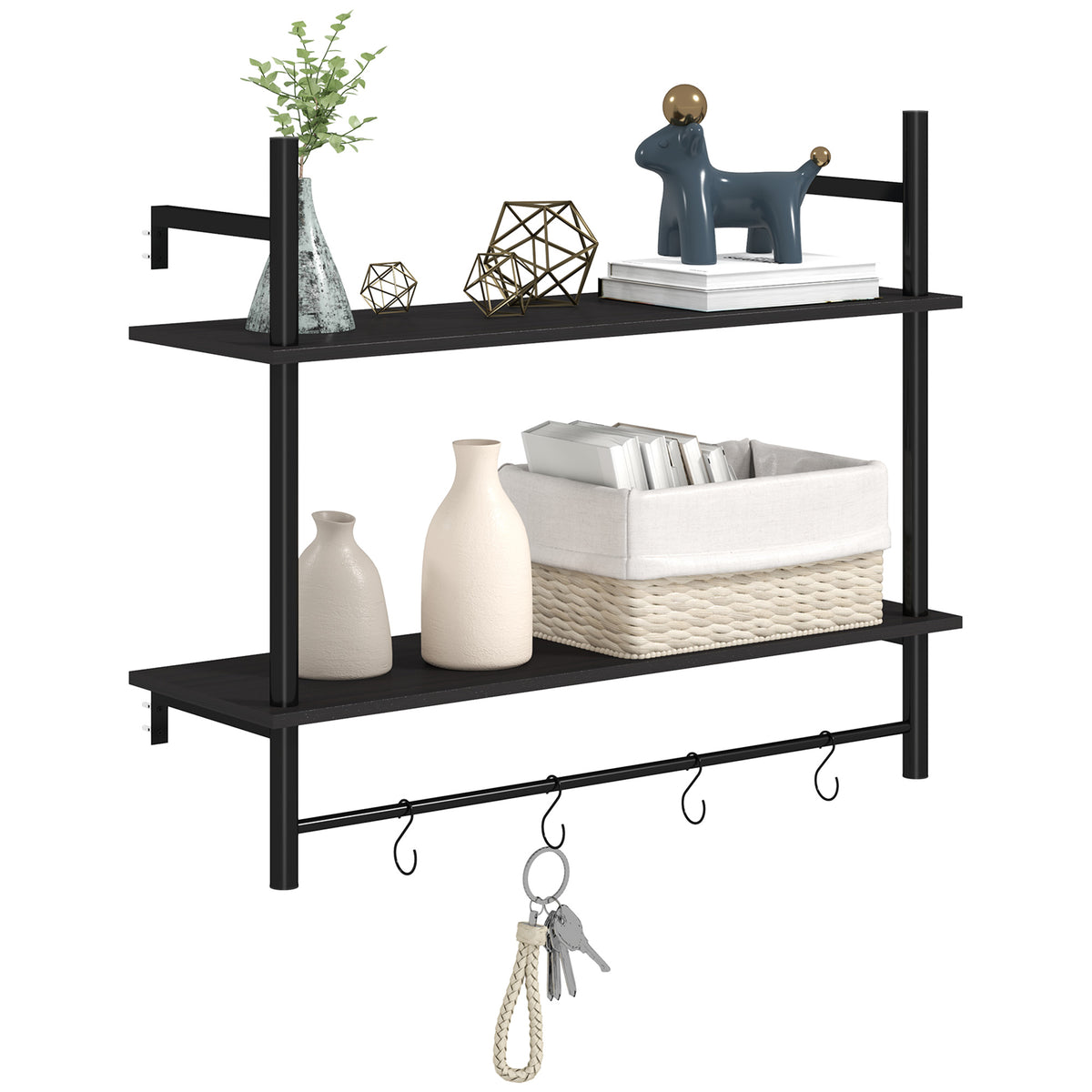Estante de Parede de 2 Níveis Estante Suspensa Prateleiras de Parede com 4 Ganchos 2 Prateleiras e Estrutura de Metal para Entrada Cozinha Sala de Estar 80x24x65 cm Preto — foto 1