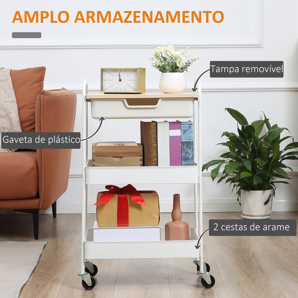 Carrinho de Cozinha com Rodas Carrinho de Armazenamento com Gaveta 2 Prateleiras e Rodas com Freios para Casa de Banho Sala de Estar Dormitório 43,9x30,5x75,6cm Branco e Madeira Natural — foto 4