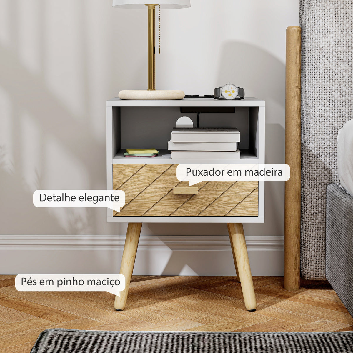 Mesa de Cabeceira com Estação de Carregamento Gaveta 2 Tomadas AC Porta USB e Tipo-C Compartimento Aberto Pernas de Madeira para Sala Quarto 40x35x54,7 cm Branco — foto 7