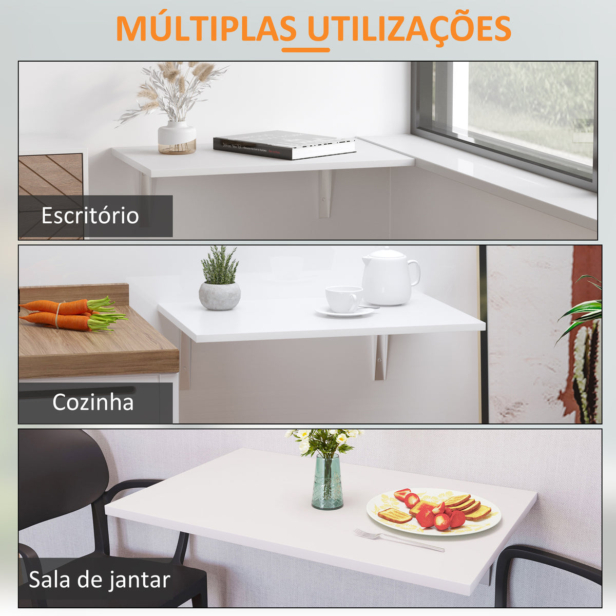 Mesa Dobrável de Parede Mesa Auxiliar Suspensa para Cozinha Sala de Jantar 60x40x20cm Branco — foto 5