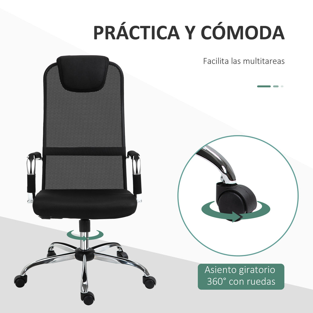 Cadeira de escritório ergonômica basculante e giratória com altura de assento ajustável com encosto de cabeça e malha de encosto alto 65,5x62,5x117-127 cm Preto — foto 6