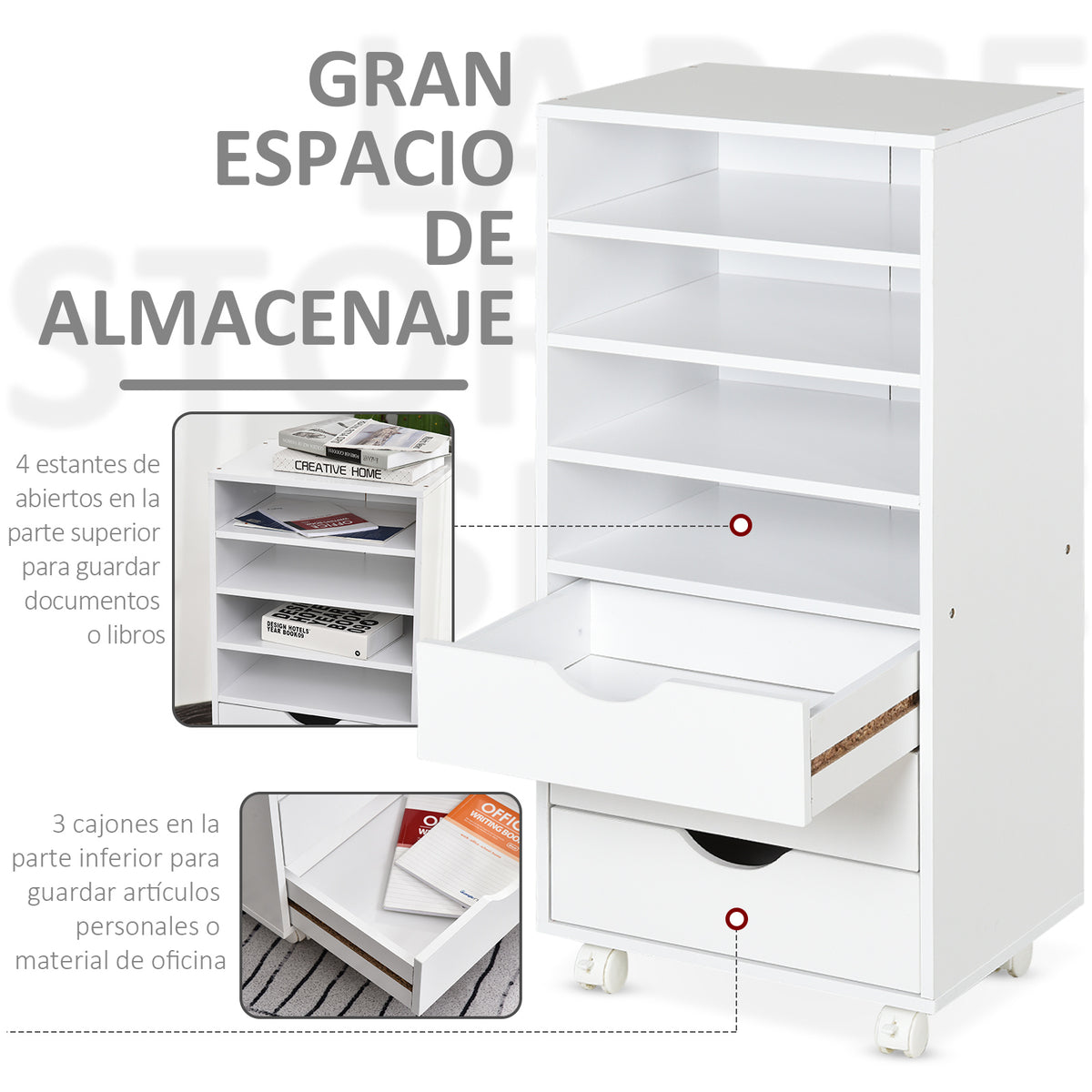 Móveis auxiliares para escritório Estudo Grande espaço de armazenamento com 3 gavetas 4 prateleiras abertas 4 rodas 40x30x83 cm Branco — foto 4