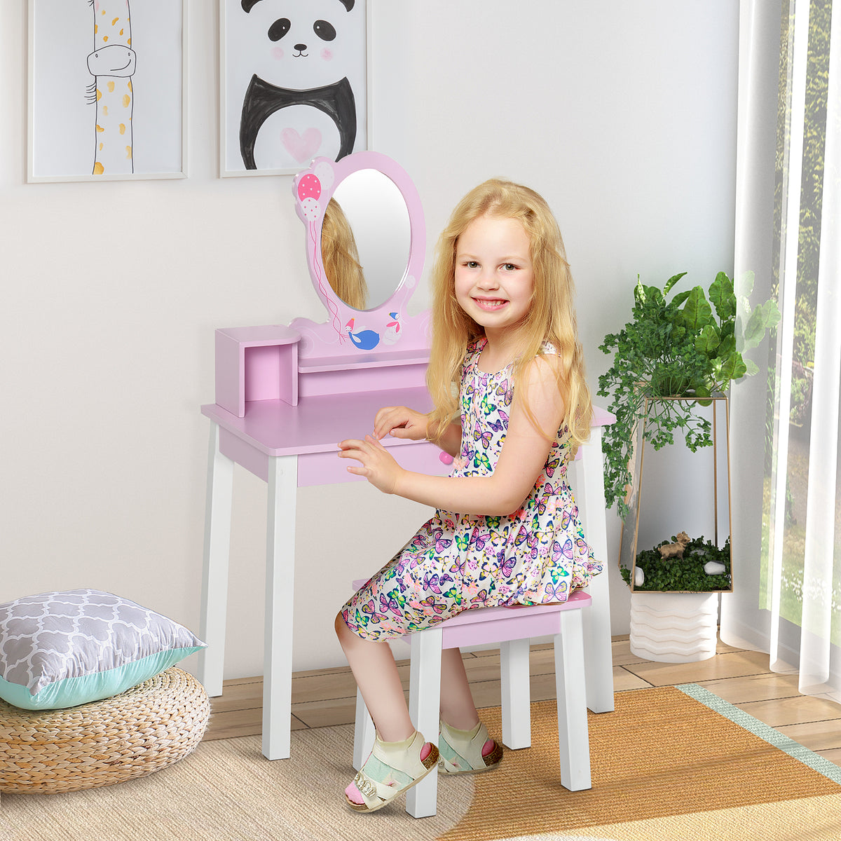 Penteadeira Infantil com Banco e Espelho Tipo Princesa Mesa de Maquilhagem de Madeira Rosa Brinquedo para Meninas 3+ Anos 60x34x93 cm — foto 2