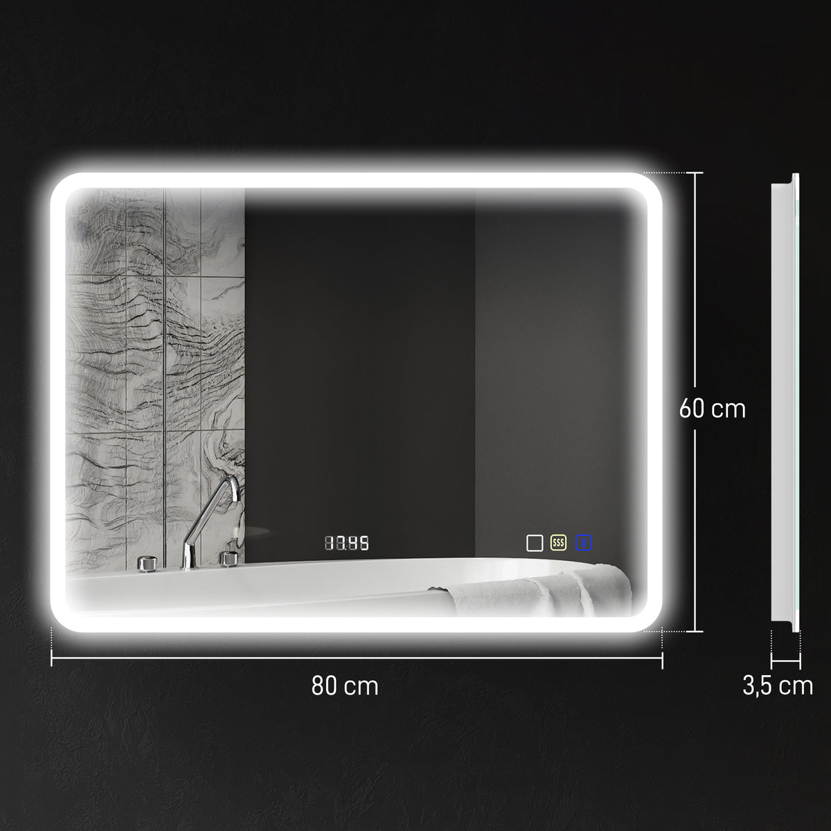 Espelho de Casa de Banho com Luz LED 80x60 cm Espelho de Parede com Bluetooth 3 Cores de Luz Relógio Digital Função Antiembaciamento Função de Memória Interruptor Tátil IP44 Prata — foto 3