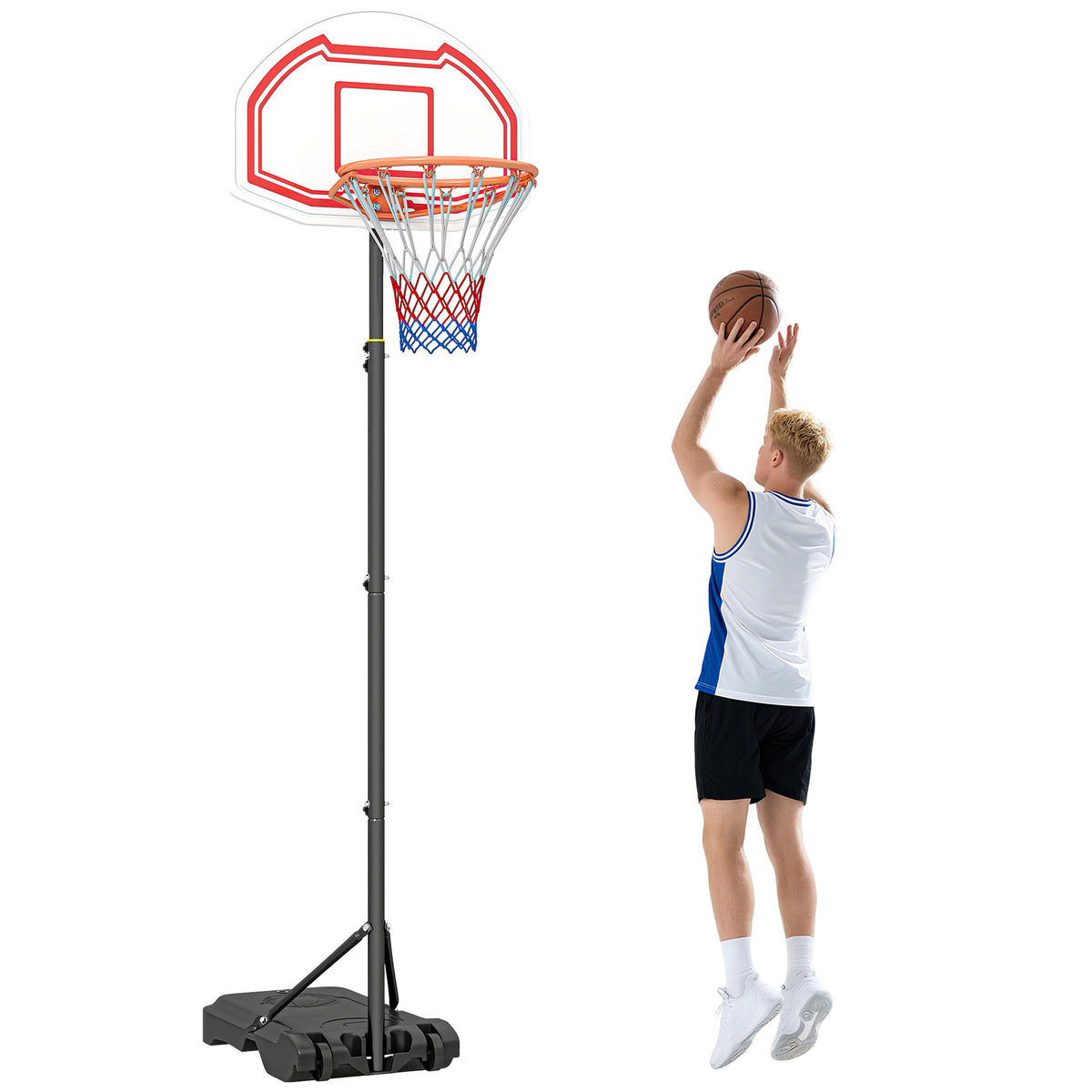 Tabela de Basquetebol para Exterior com Altura Ajustável 258x314 cm Cesta de Basquetebol com Rodas Base Recaregável para Adolescentes e Adultos Preto e Vermelho — foto 1