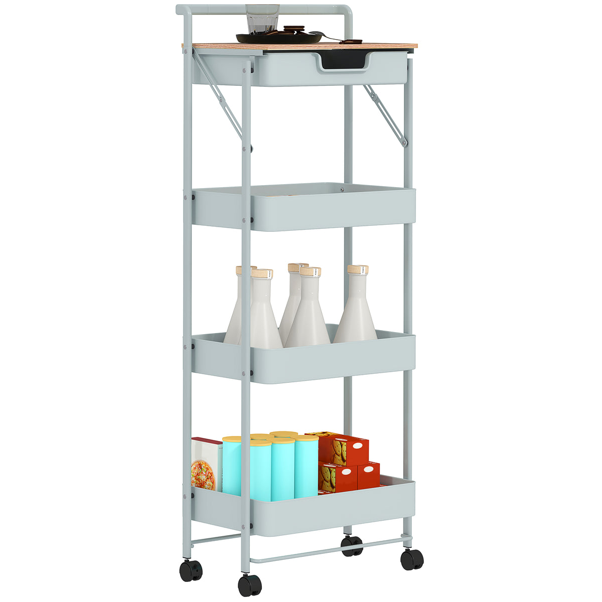 Carrinho Auxiliar com Rodas de 4 Níveis Carrinho de Cozinha com 1 Gaveta e 3 Cestos Carrinho Organizador para Dormitorio Sala Escritório 45x29,5x117,5 cm Verde — foto 1
