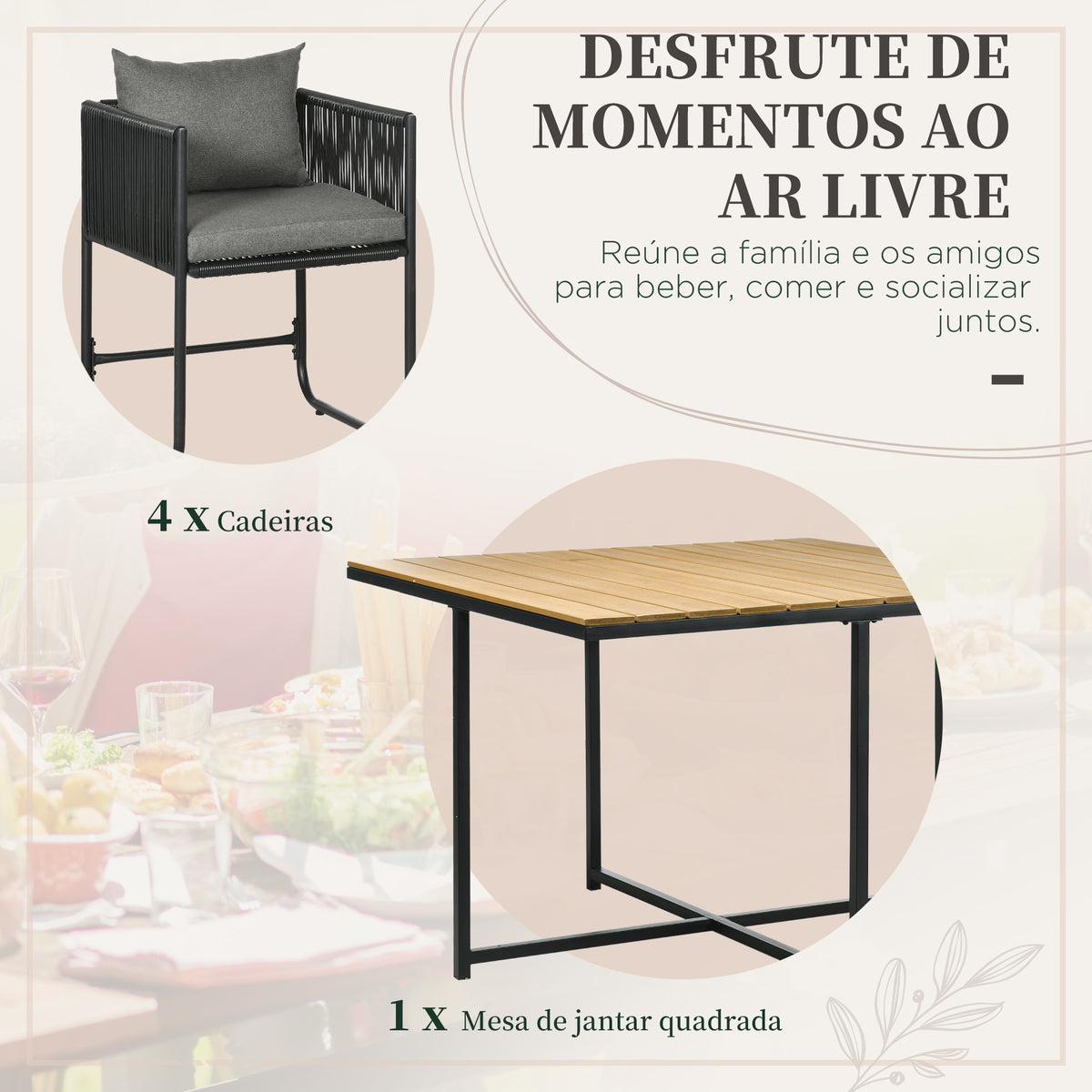Conjunto de Jardim de Vime Sintético Conjunto de Móveis de Exterior de Vime com 5 Peças Mesa Quadrada e 4 Cadeiras Almofadas Preto e Madeira — foto 4