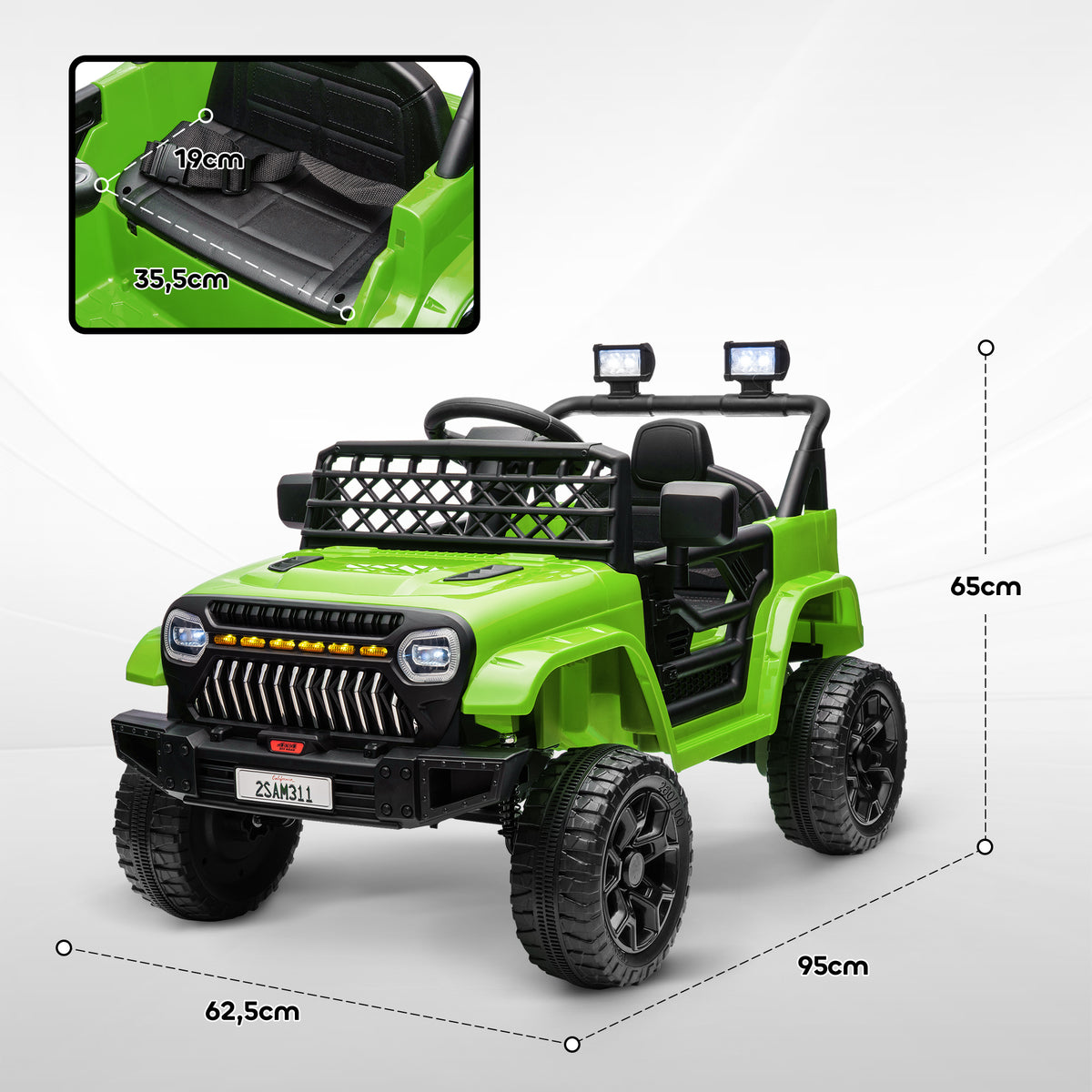 Carro Elétrico para Crianças acima de 3 Anos Carro Elétrico Infantil UTV Carro a Bateria 12V com Controlo Remoto Velocidade Ajustável USB Faróis e Buzina 95x62,5x65 cm Verde — foto 3