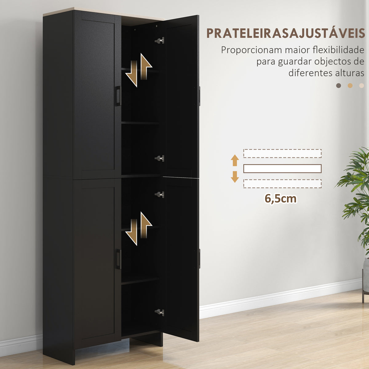 Armário de Cozinha Armário de Armazenamento Cozinha com 4 Portas e Prateleiras Ajustáveis Anti-Tombo 60x30x170,5 cm Preto — foto 5