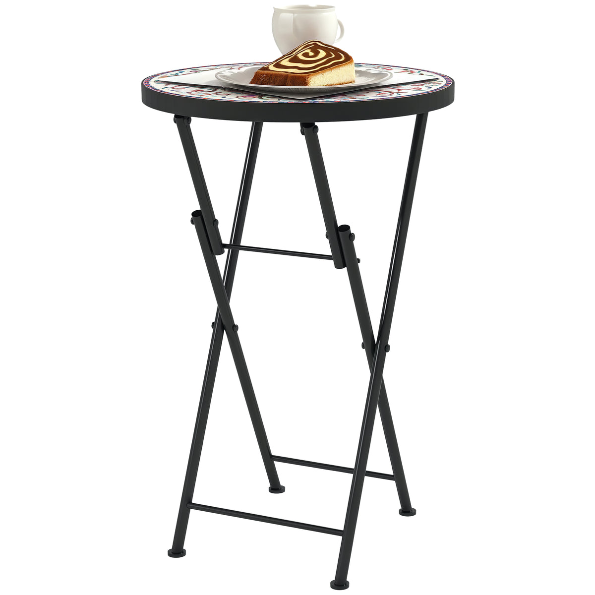 Mesa Auxiliar Redonda Mesa de Jardim Dobrável com Bancada em Mosaico e Pés com Almofadas Antiderrapantes Mesa para Exterior Pátio Varanda Ø35,5x55 cm Multicor — foto 1
