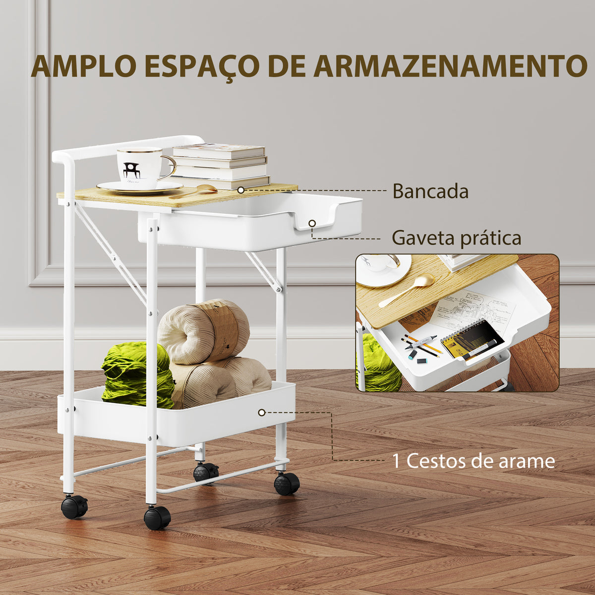 Carrinho Auxiliar com Rodas de 2 Níveis Carrinho de Cozinha com 1 Gaveta e 1 Cesto Carrinho Organizador para Dormitorio Sala Escritório 45x29,5x68 cm Branco — foto 4