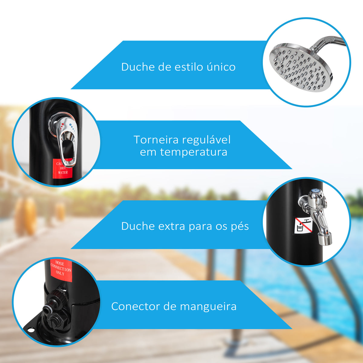 Duche Solar de 20 Litros para Exterior Duche de Piscina com Cabeçal Toneira e Regulador de Água Quente Máx 60℃ para Jardim Pátio Praia Ø11x217 cm Preto — foto 5