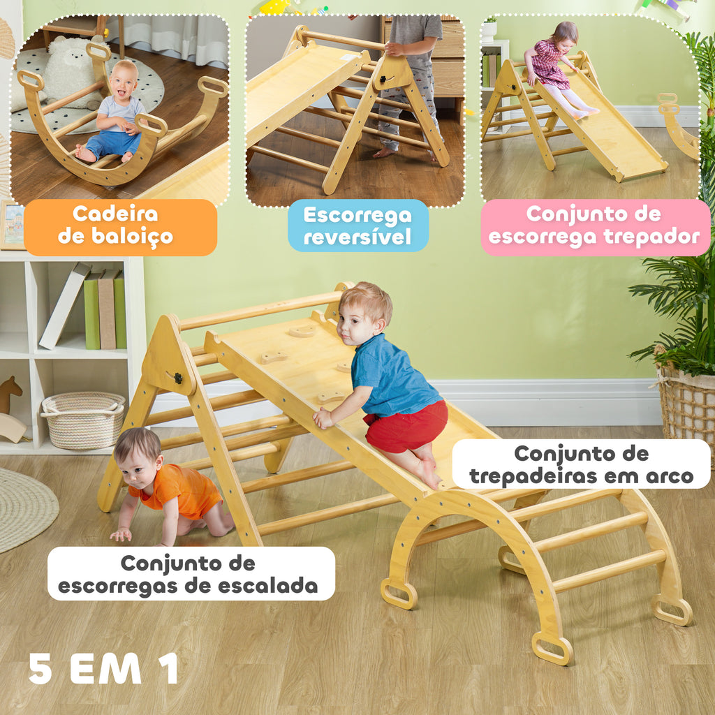 Triângulo de Escalada de Madeira 5 em 1 Escada para Crianças de 18-48 Meses com Rampa e Arco de Escalada para Deslizar ou Escalar 178x64,5x63 cm Madeira — foto 4