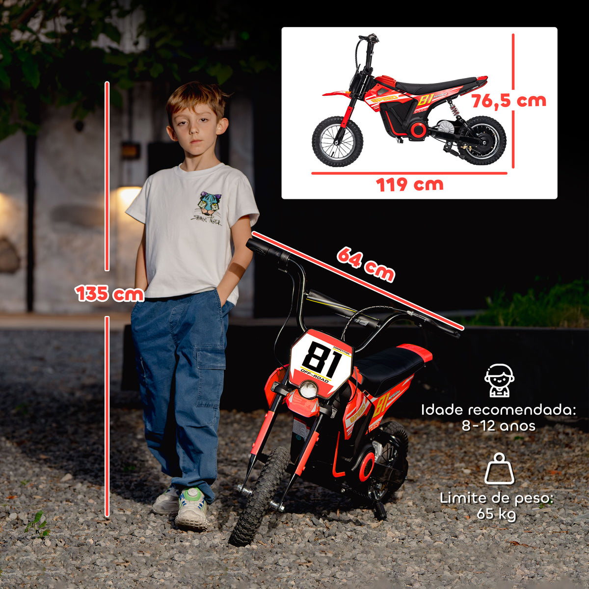 Mota Elétrica para Crianças 24V Mota Elétrica Infantil com Motor 250W Velocidade de 6-16km/h Rodas de Ø30,5 cm e Suspensão Traseira para Crianças de 8-12 Anos 119x64x76,5 cm Vermelho — foto 3