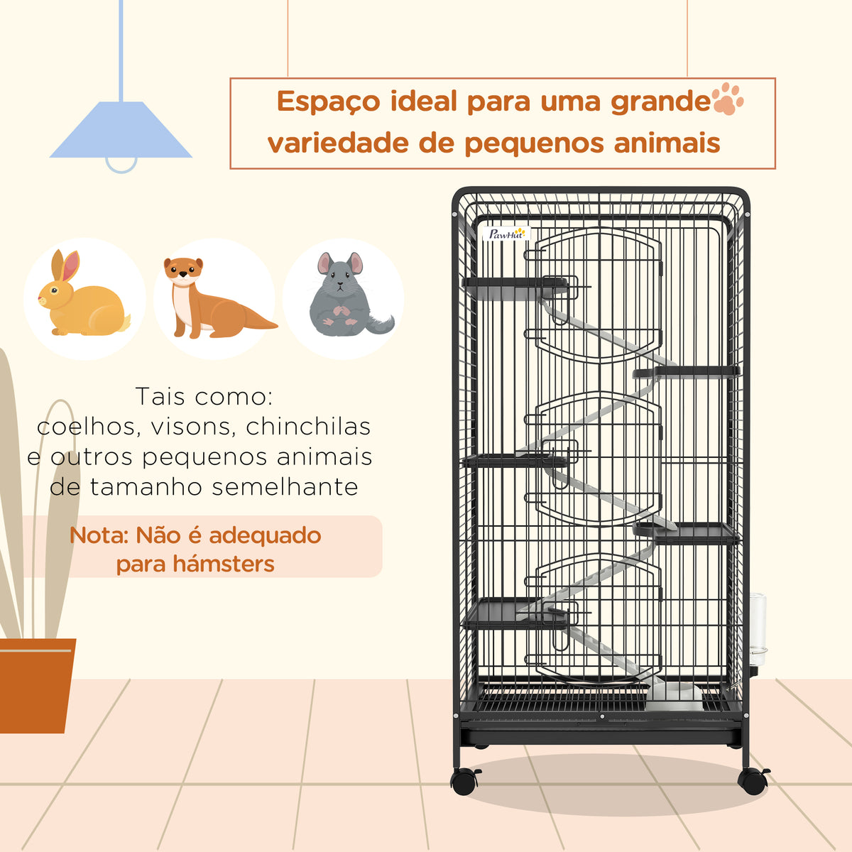 Gaiola para Pequenos Animais com 6 Níveis Gaiola para Roedores com Rodas Rampa Comedouro Bebedouro e Bandeja Amovível para Coelhos Chinchila 64x43,5x131 cm Preto — foto 4