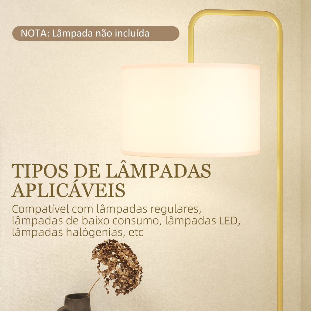 Candeeiro de Pé Moderno Lâmpada E27 Máx. 40W com Ecrã de Linho Estrutura de Aço e Interruptor de Pé Candeeiro de Leitura para Sala de Estar Dormitório 64x38x163,5 cm Branco e Dourado — foto 6