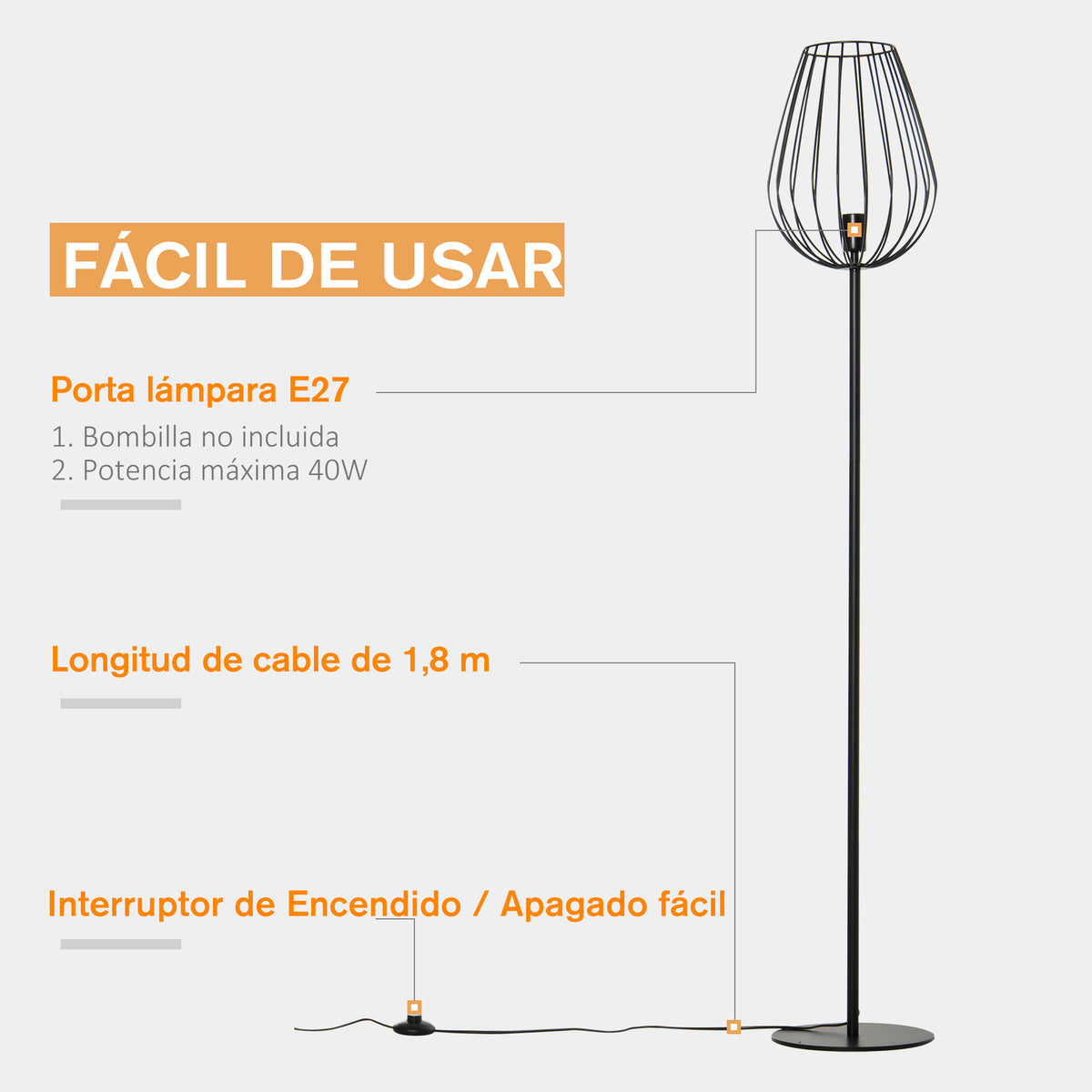 Lâmpada de pé com base de metal moderno com interruptor de pé Ф27,5x159 cm Preto — foto 5