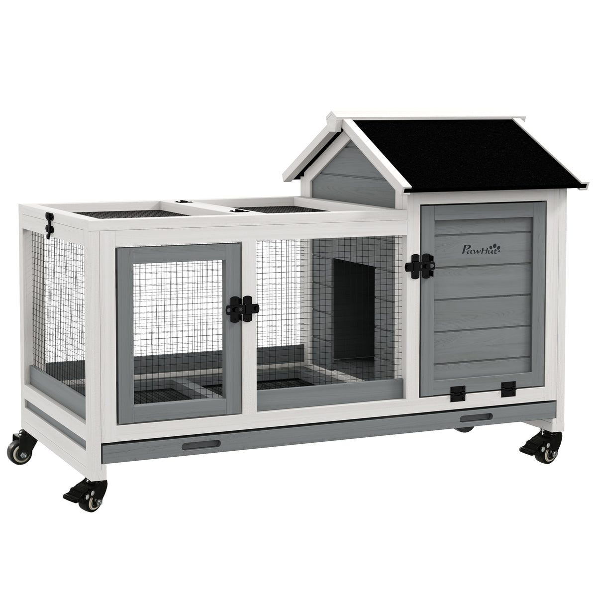 Coelheira de Madeira com Rodas 108x58x73,5cm Gaiola para 1-2 Coelhos com Teto Abatível Cerca Metálica Bandeja Amovível Portas com Trava e Rampa Marrom Cinza e Branco — foto 1