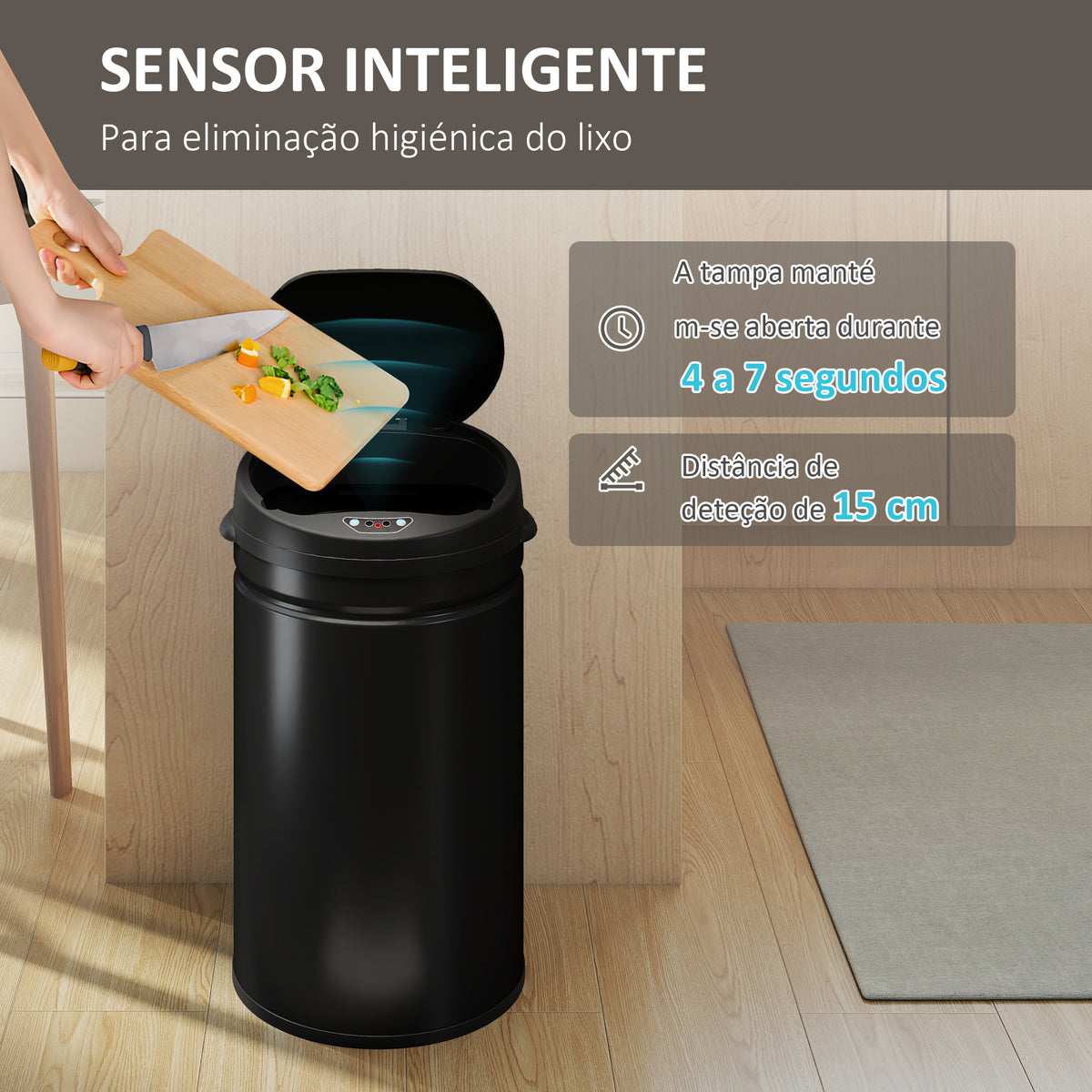 Balde de Lixo de Cozinha Automático 30 L Caixote de Cozinha em Aço Inoxidável Sensor Infravermelhos Fecho Automático Anti-Impressões Digitais para Quarto Escritório 32x30,5x51 cm Preto — foto 4