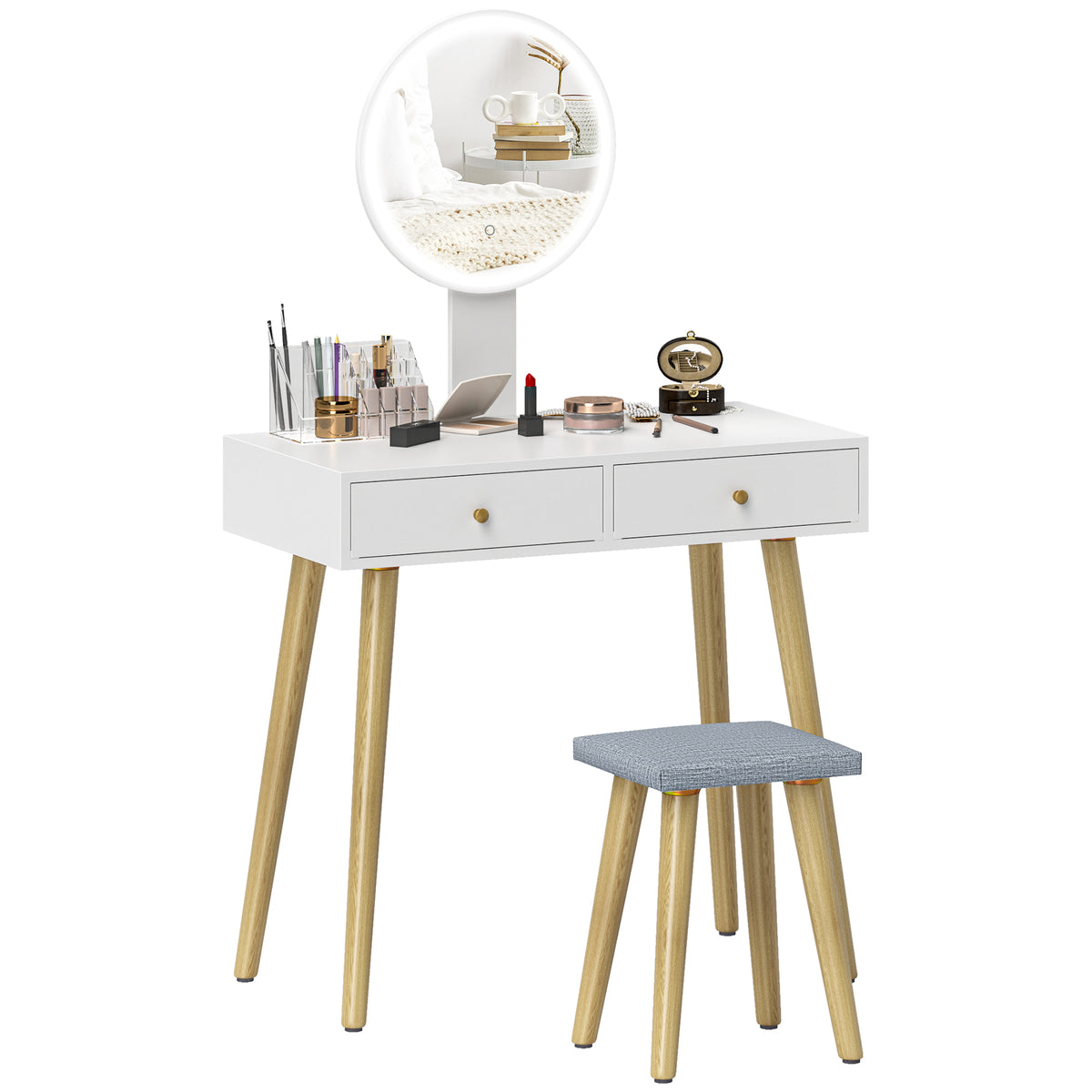 Tocador de Maquilhagem com Luz LED e Banco Mesa de Maquilhagem com Espelho Brilho Ajustável 3 Cores 2 Gavetas e Organizador Tocador Moderno para Quarto 80x43x133 cm Branco — foto 1