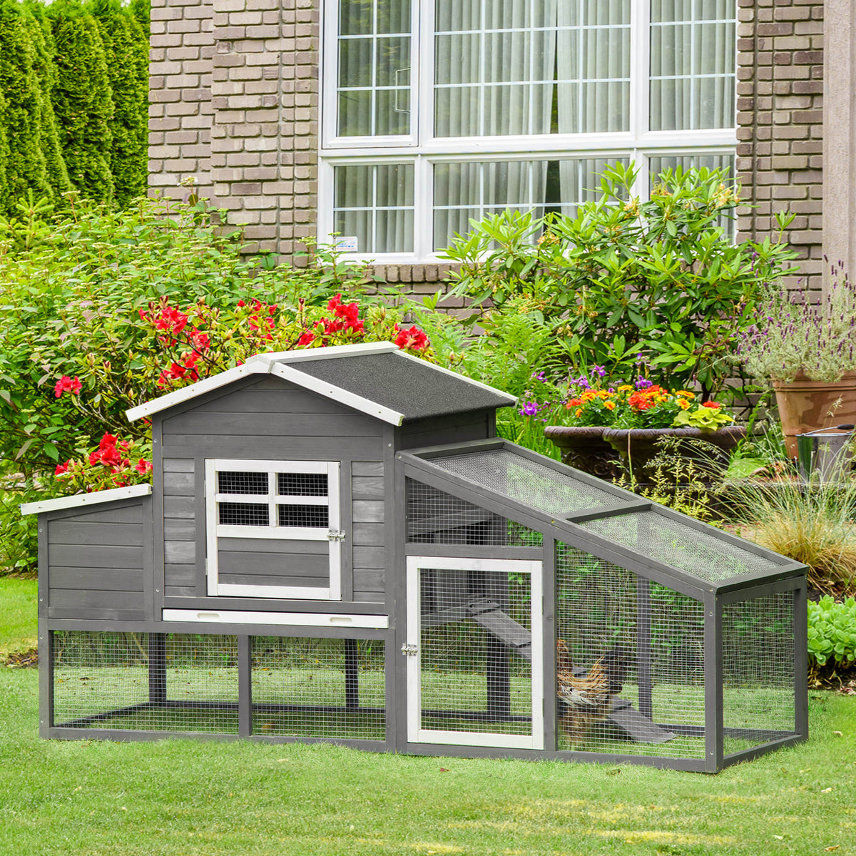 Galinheiro de Madeira Exterior Gaiola para 2-4 Galinhas com Grade de Arame Tetos Asfálticos Ninho Bandeja Removível Rampa e Zona Aberta 200x80x105cm Cinza — foto 2