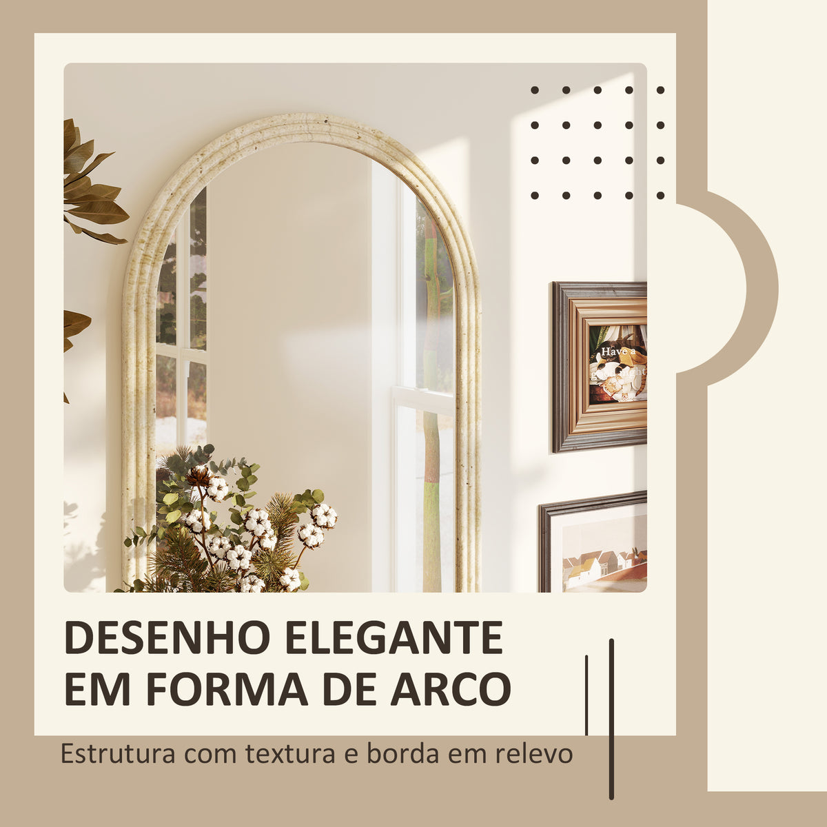 Espelho de Parede Arqueado Espelho de Casa de Banho 50x70 cm com Moldura de Imitação de Pedra Estilo Moderno para Sala Quarto Entrada e Corredor Bege — foto 4