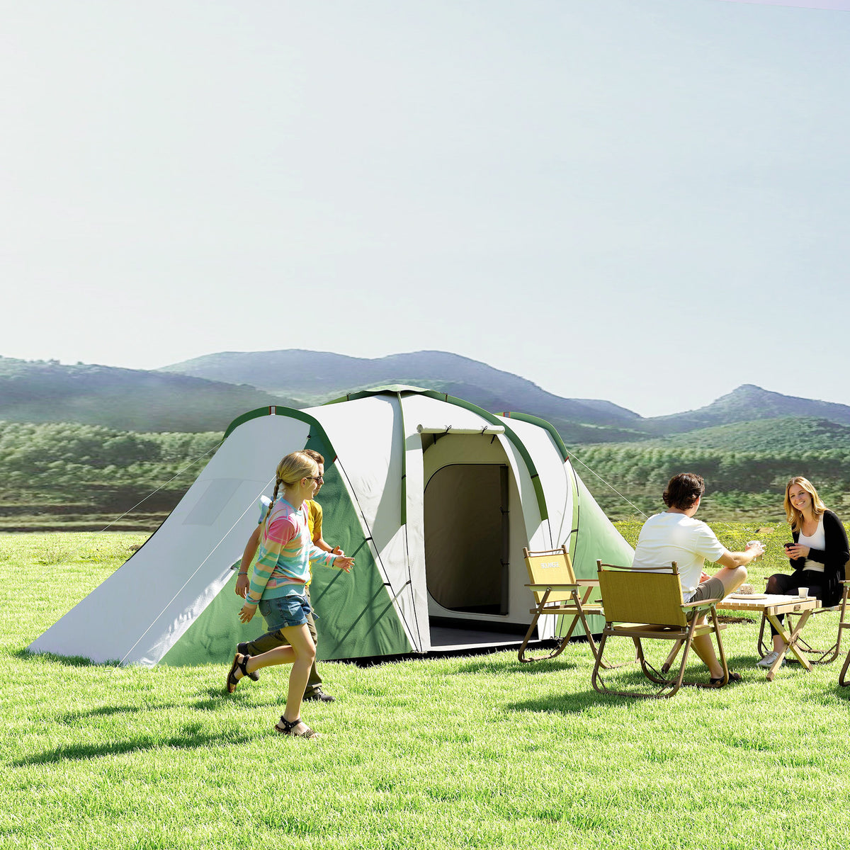 Tenda de Campismo Familiar para 4-6 Pessoas com 2 Dormitórios Tenda de Campismo Grande Impermeável 3000 mm com Bolsa de Transporte 555x225x190 cm Cinza e Verde — foto 2