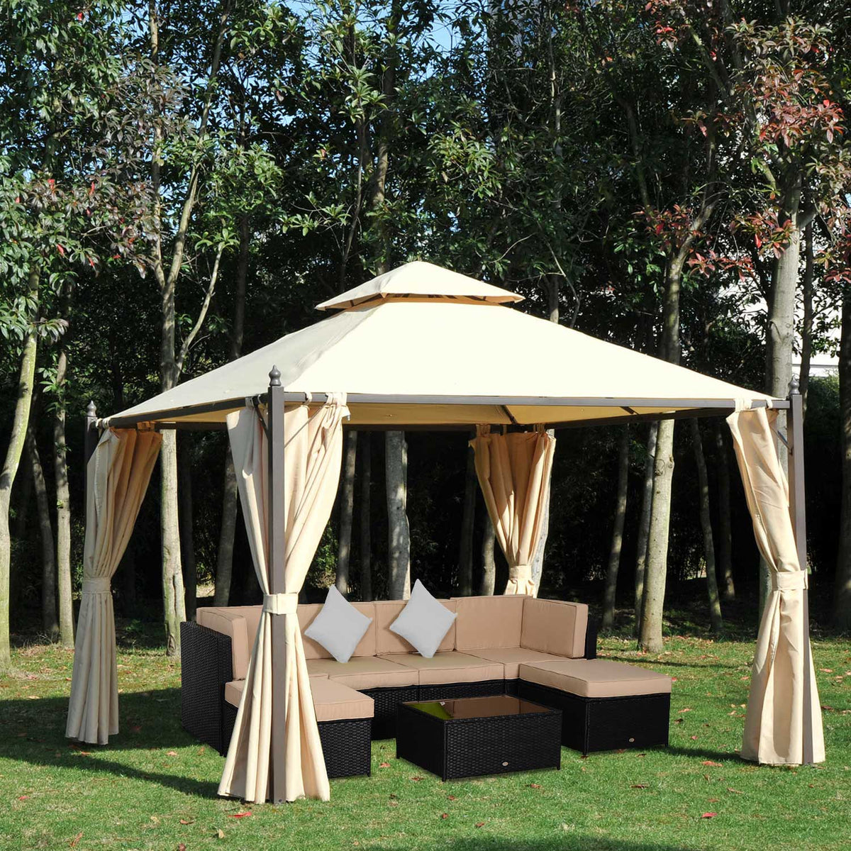 Pérgola de Jardim 300x300x275 cm Pérgola com Duplo Teto 4 Cortinas Laterais para Exterior Festas Eventos Bege — foto 2