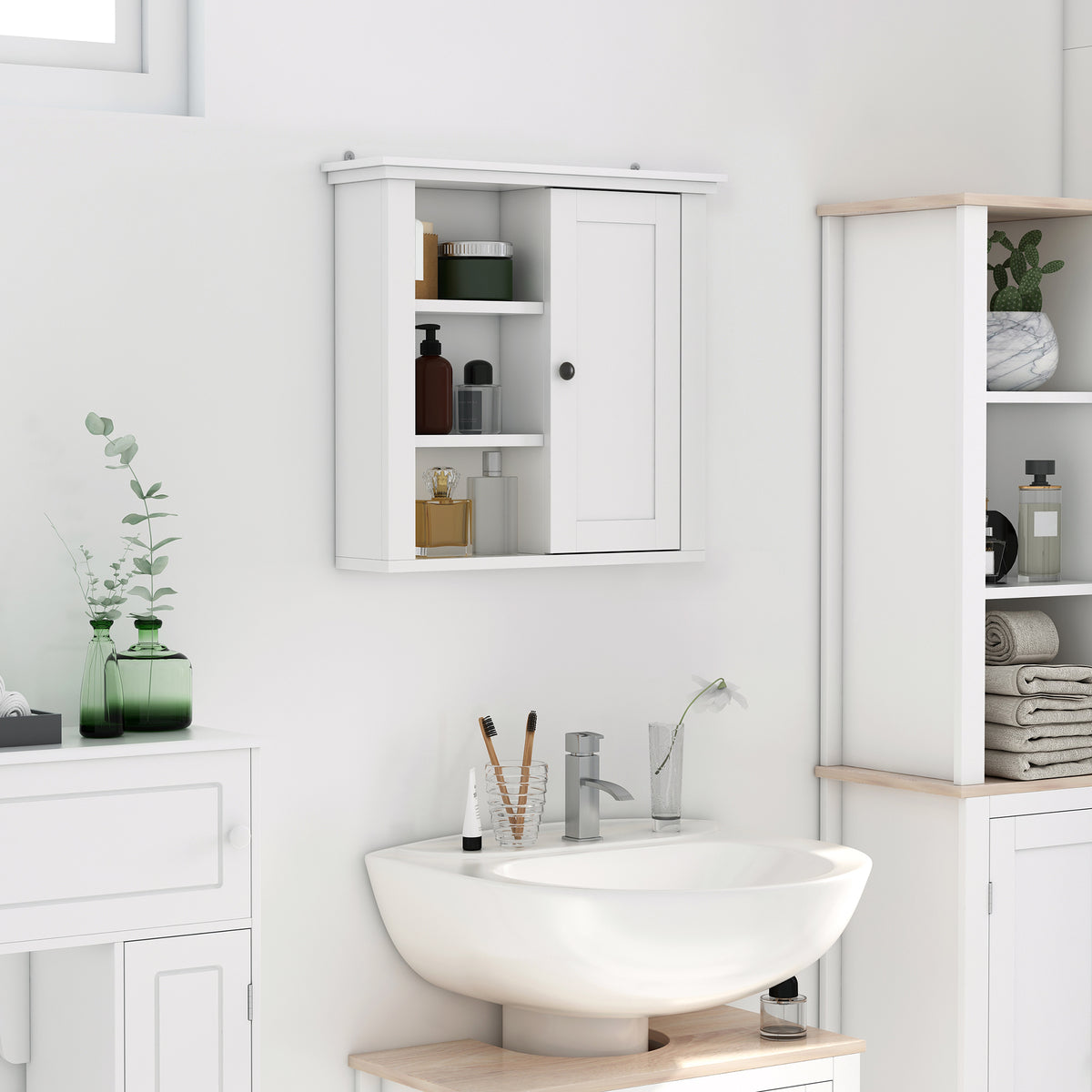 Armário de banheiro multifuncional Armário de parede com economia de espaço com 3 níveis abertos 1 porta Prateleira de sobreposição ajustável 53x14.5x50.5 cm Branco — foto 2
