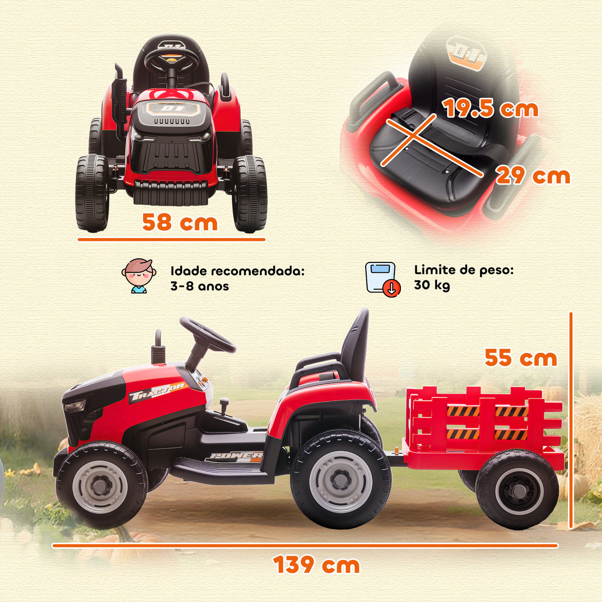 Trator Elétrico para Crianças com Reboque Desmontável Bateria 12V Velocidade 3-5 km/h Controle Remoto 2,4G Música Buzina para Crianças de 3-8 Anos 139x58x55 cm Vermelho — foto 3