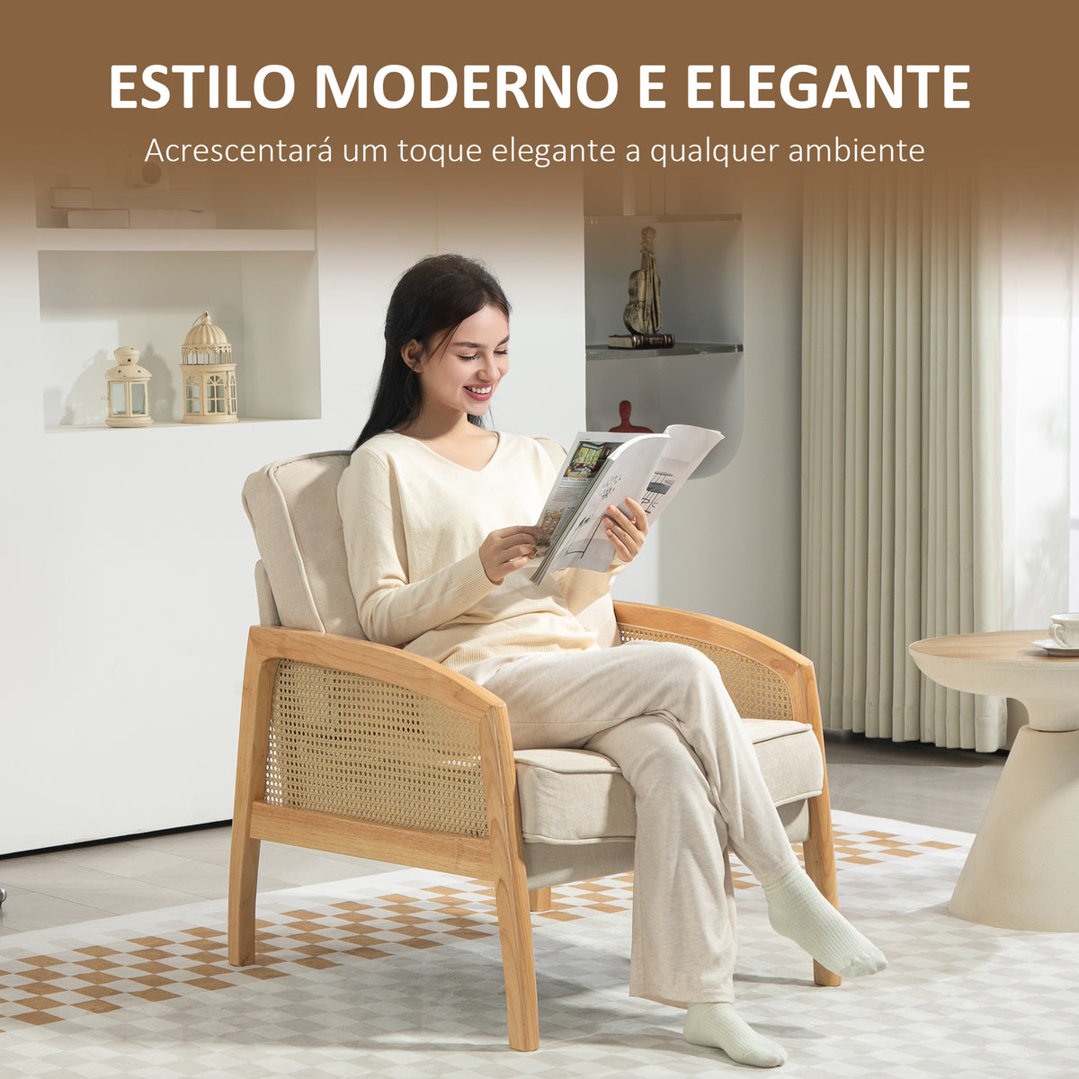 Poltrona Sala de Estar Moderna Poltrona Dormitório com Apoio para os Braços em Vime e Pés de Madeira Sofá Individual Carga 120 kg para Escritório Sala de Estar 67x75x88 cm Bege — foto 4