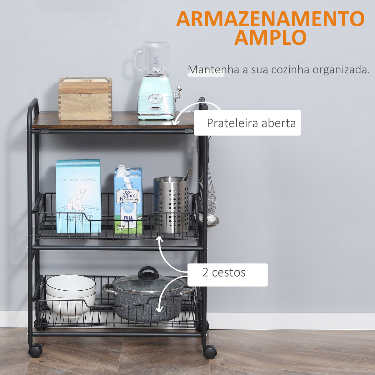Carrinho de Cozinha com Rodas Carrinho Auxiliar de 3 Níveis com 2 Cestas e 4 Ganchos para Cozinha Sala de Jantar 60x38x85,5 cm Castanho Rústico — foto 4
