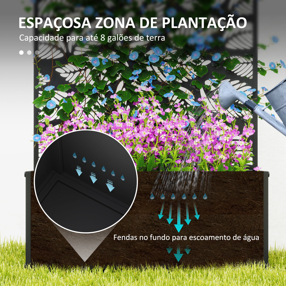 Floreira de Exterior Floreira de Metal com Ecrã de Privacidade com Folhas Decorativas Floreira de Parede ou Independente para Pátio Varanda 61x23x113 cm Preto — foto 4