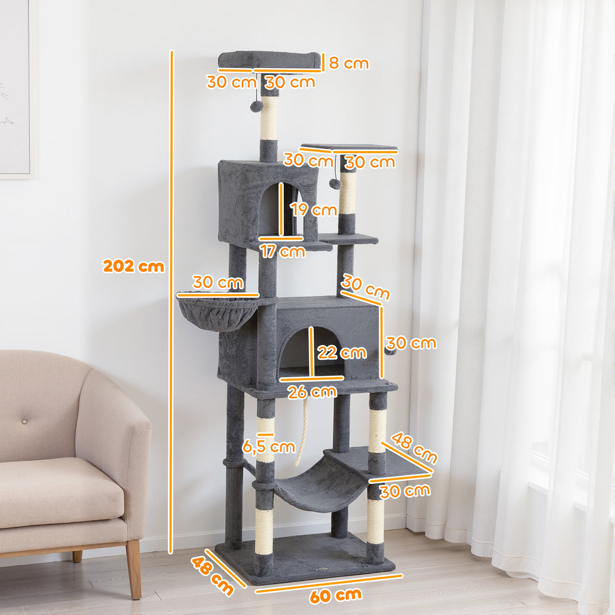 Arranhador para Gatos 202 cm Torre de Escalada com Plataformas Plataformas Caverna Postes de Sisal Bolas e Corda para Brincar Cinzento — foto 3