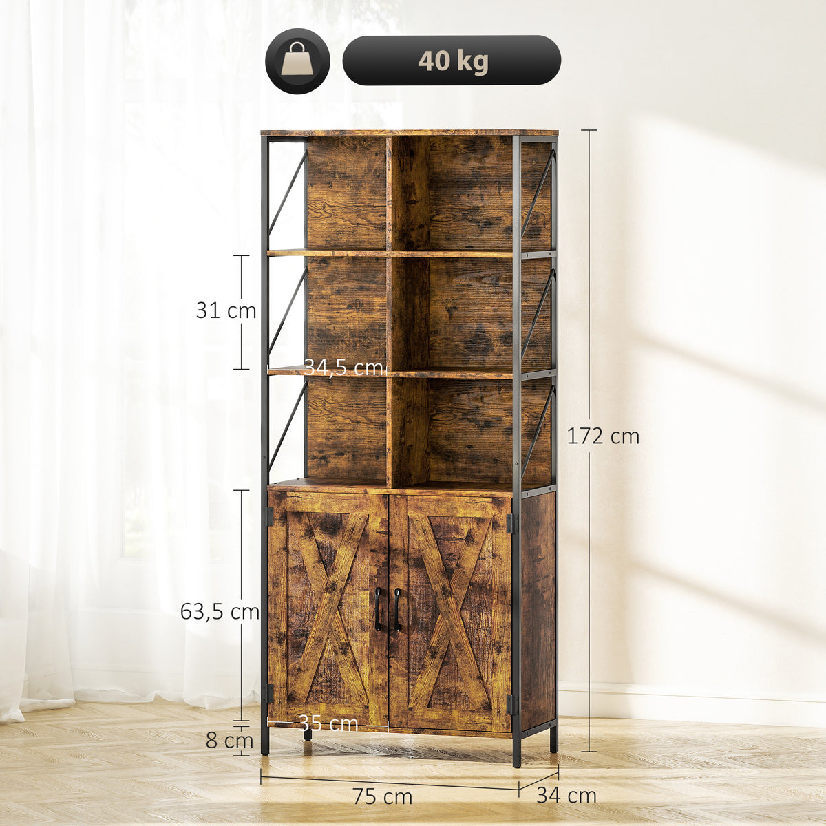 Estante de 6 Níveis Estante de Livros com 6 Compartimentos Abertos 2 Portas e Prateleira Ajustável Estilo Industrial para Sala Escritório Quarto 75x34x172 cm Castanho Rústico — foto 3