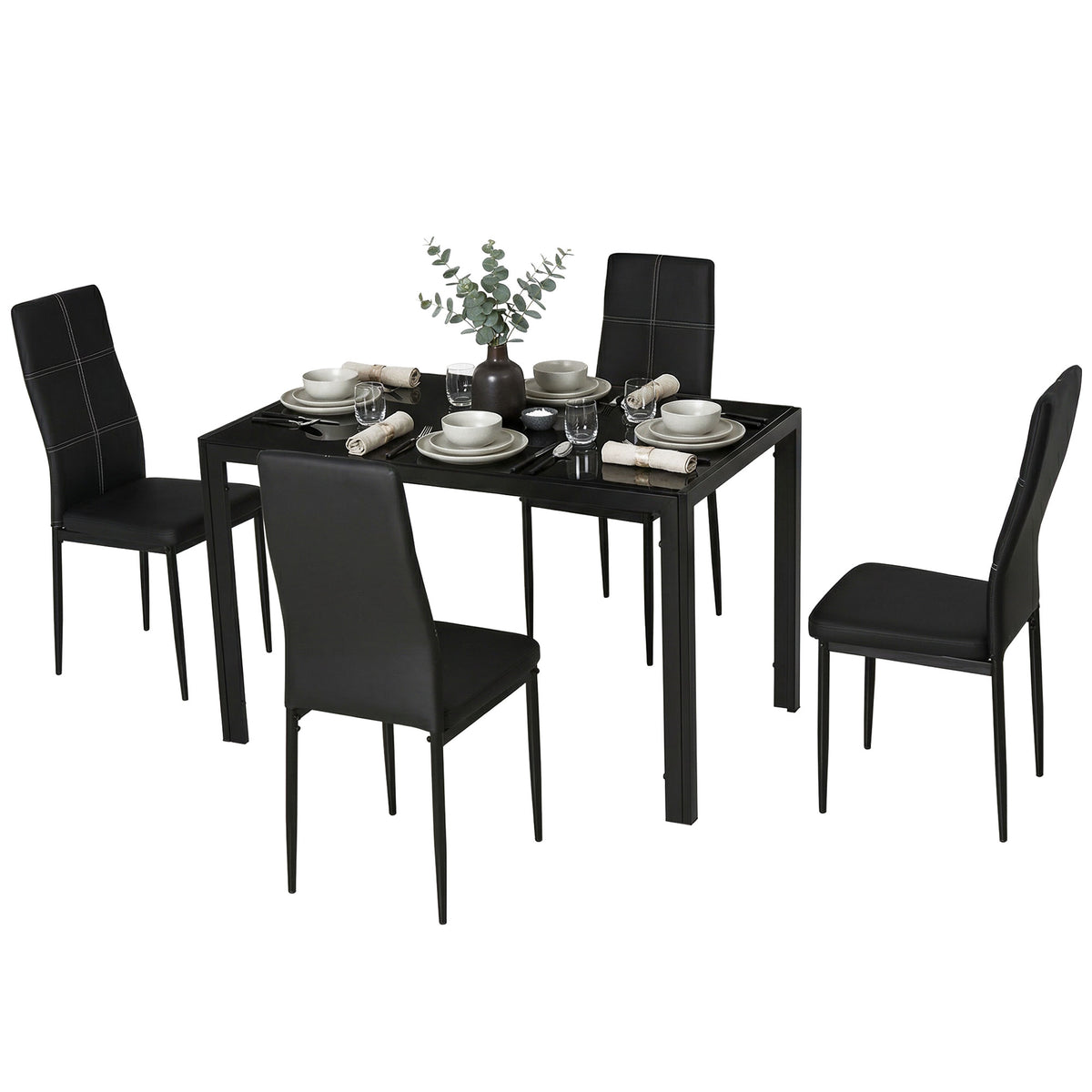Conjunto de Refeição Mesa e 4 Cadeiras Conjunto de 5 Peças de Móveis de Cozinha Mesa Retangular de Vidro Temperado e Cadeiras Estofadas em PU com Pés de Metal Preto — foto 1