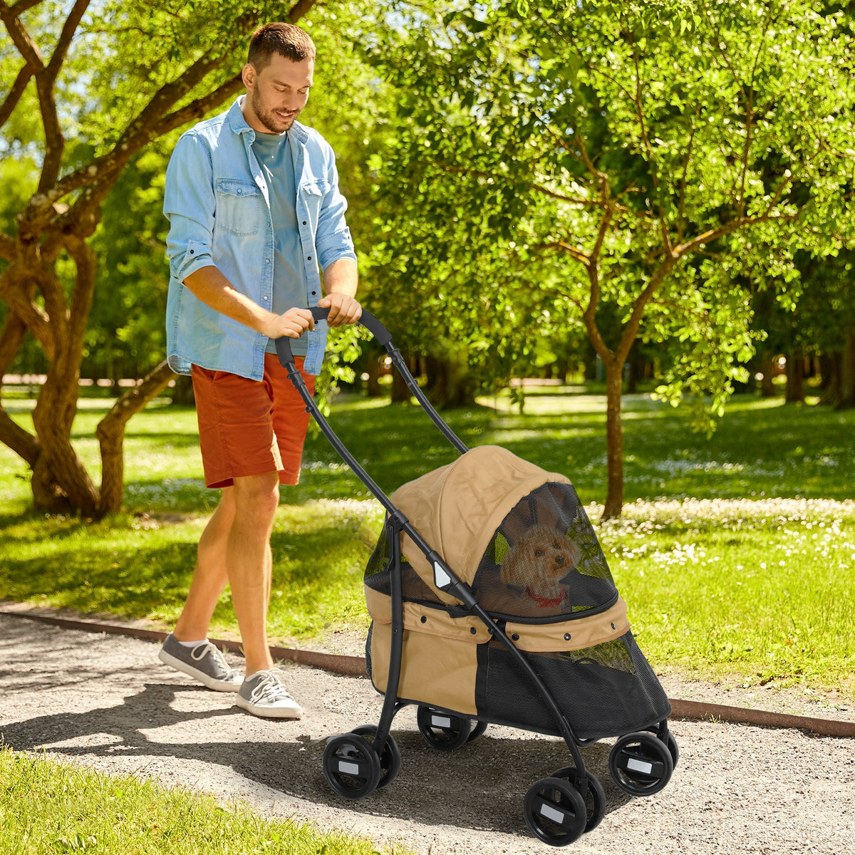 Carrinho para Animais de Estimação Dobrável Carrinho de Passeio para Cães e Gatos com Janela de Malha Almofada Lavável Arnês de Segurança e Estrutura de Aço 82x47x97cm Marrom — foto 2